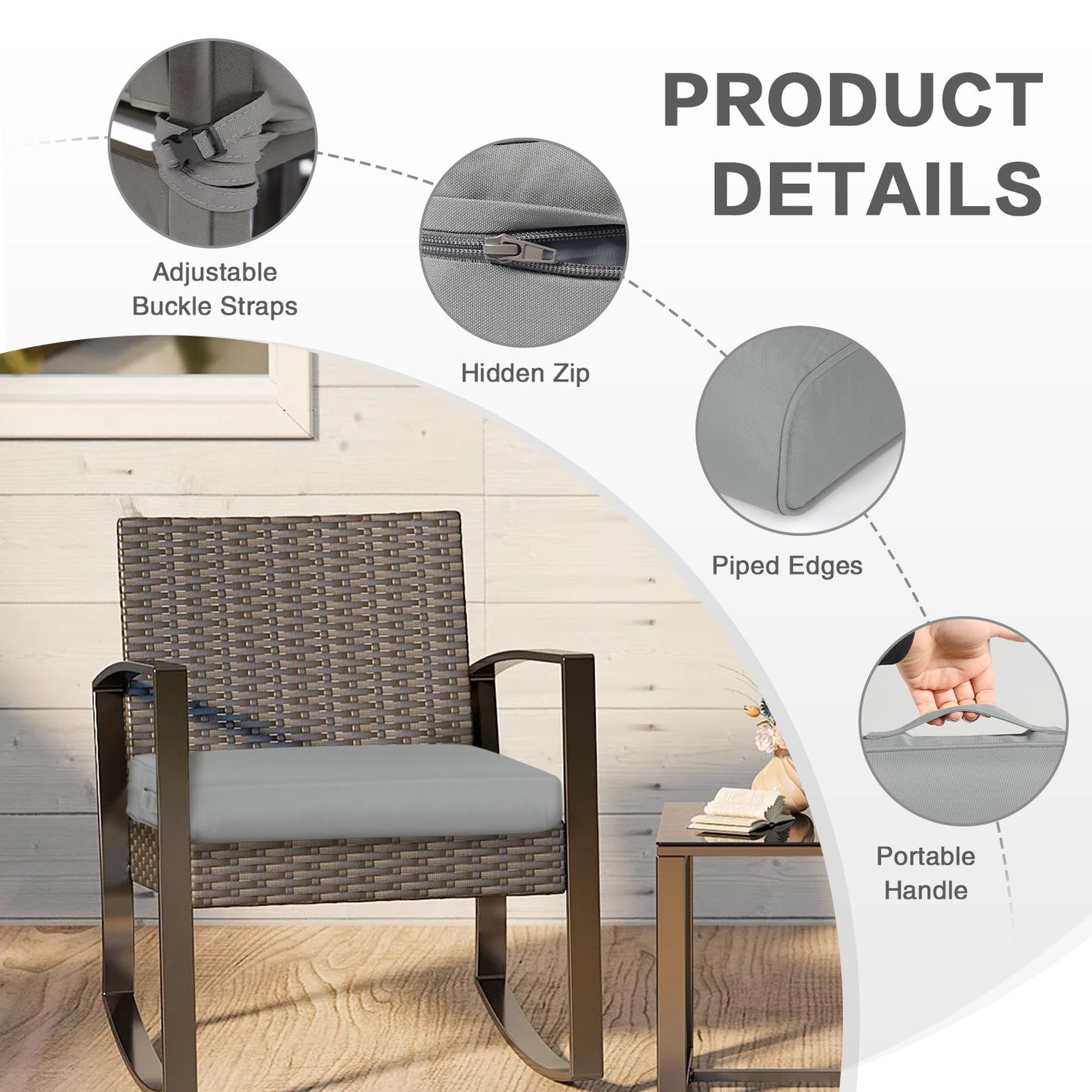Outdoor Chair Cushion , Removable Cover with Hidden Zipper, Adaptable Secure Ties - Gray Aoodor