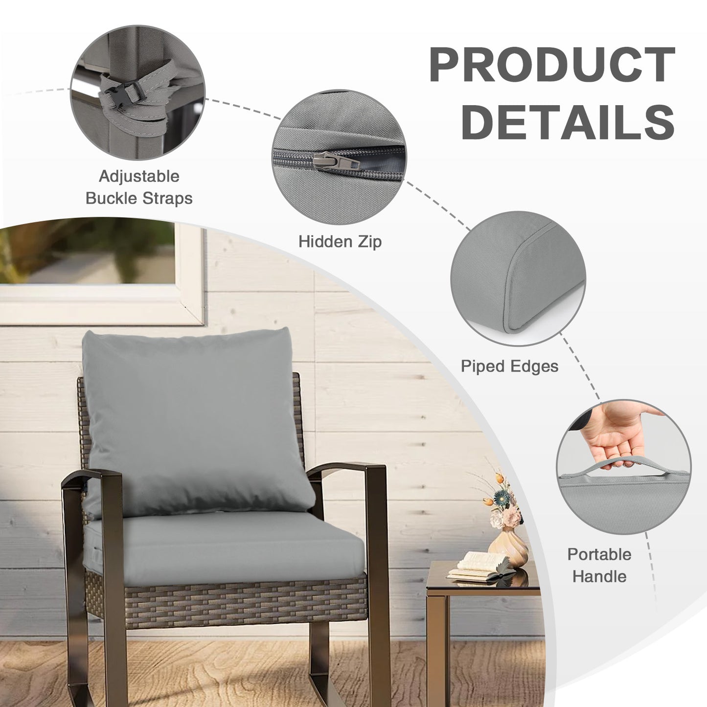 Outdoor Chair Cushions, Patio Deep Seat Cushions with Handle & Adjustable Straps - Gray Aoodor