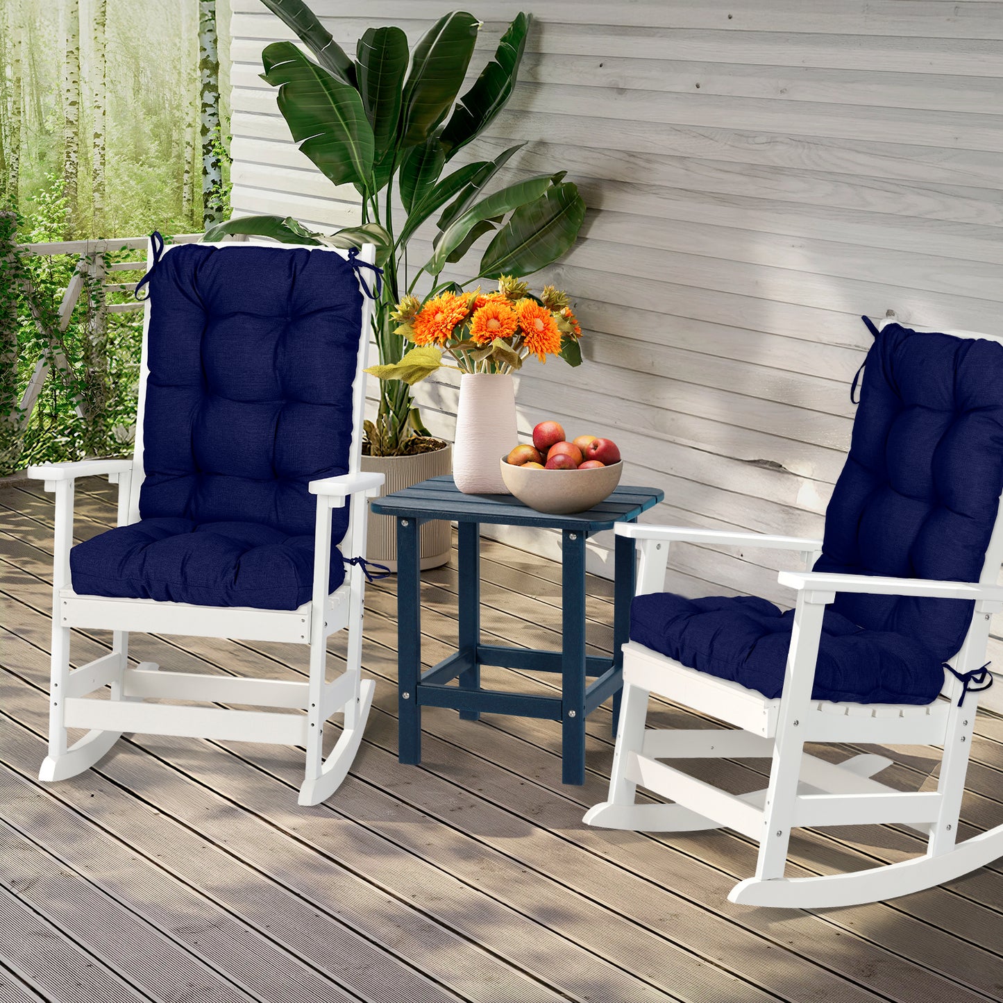 Outdoor Tufted High Back Cushions Patio Replacement Chair Cushion with Ties - Dark Blue