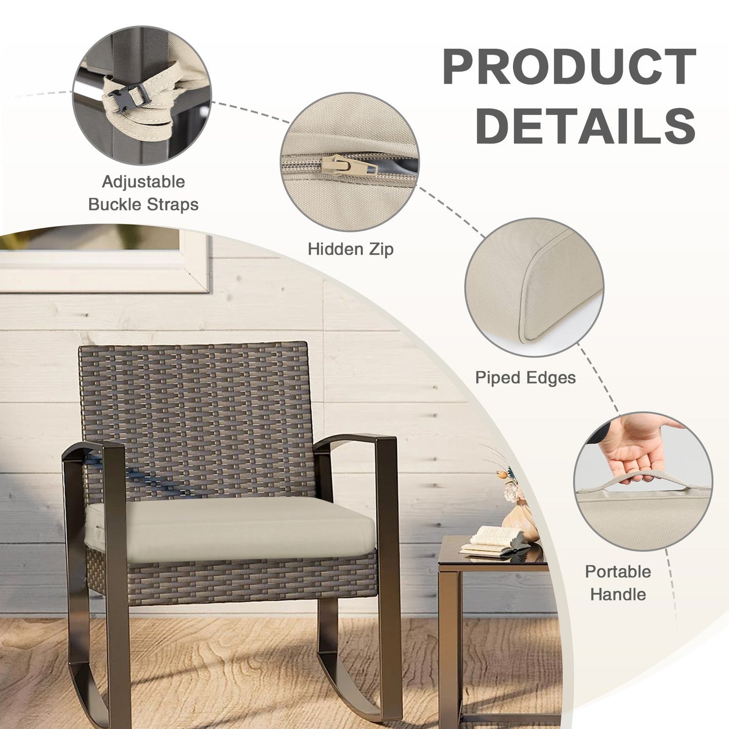 Outdoor Chair Cushion , Removable Cover with Hidden Zipper, Adaptable Secure Ties - Khaki Aoodor