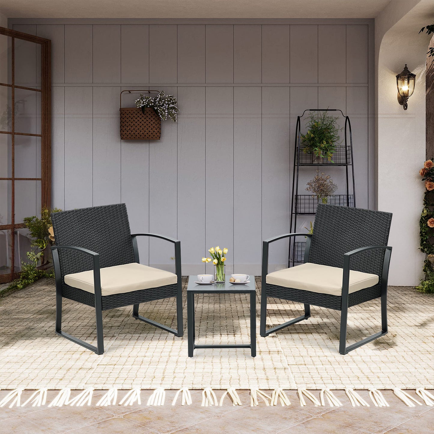 3-Piece Patio Furniture Set - Outdoor Rattan Wicker Chairs with Table, Sofa Set Including Cushions