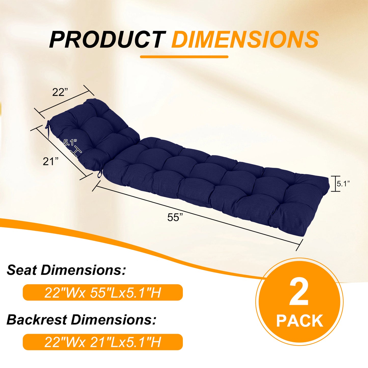 76"x22"x5.1" Polyester Tufted Chaise Lounge Cushion for Outdoor Wicker Chaise Lounge Use, 2 Packs - Dark Blue Aoodor
