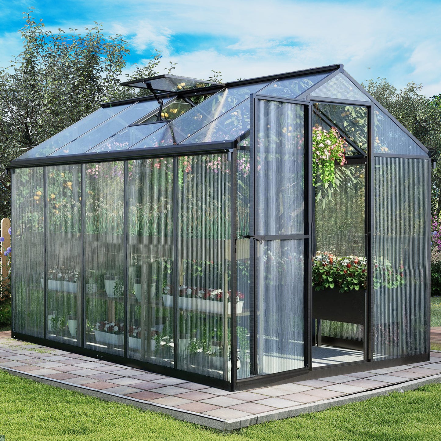 6x8/6x10 ft. Walk-in Polycarbonate Greenhouse with Roof Vent and Door lock