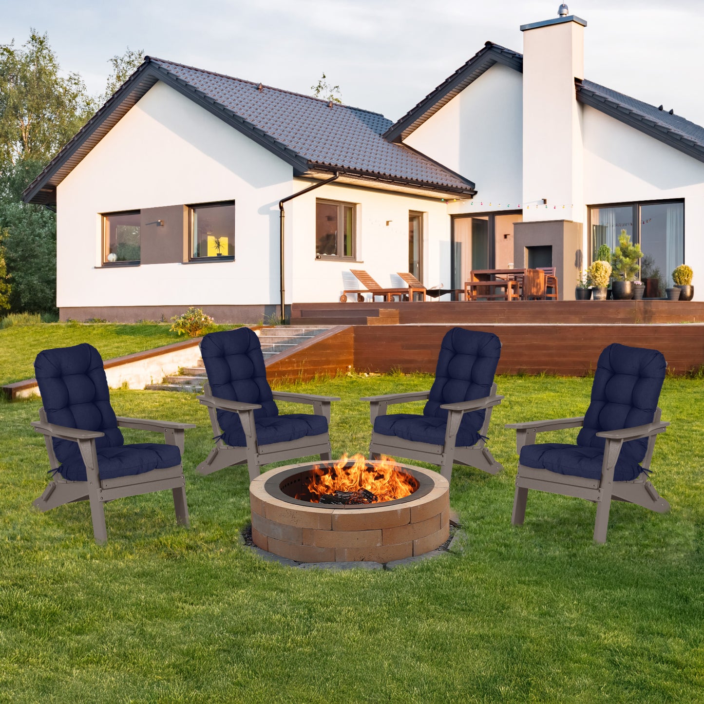 Outdoor High Back Tufted Adirondack Chair Cushion, Patio Rocking Chair Cushions with Ties, Set of 2, Dark Blue Aoodor