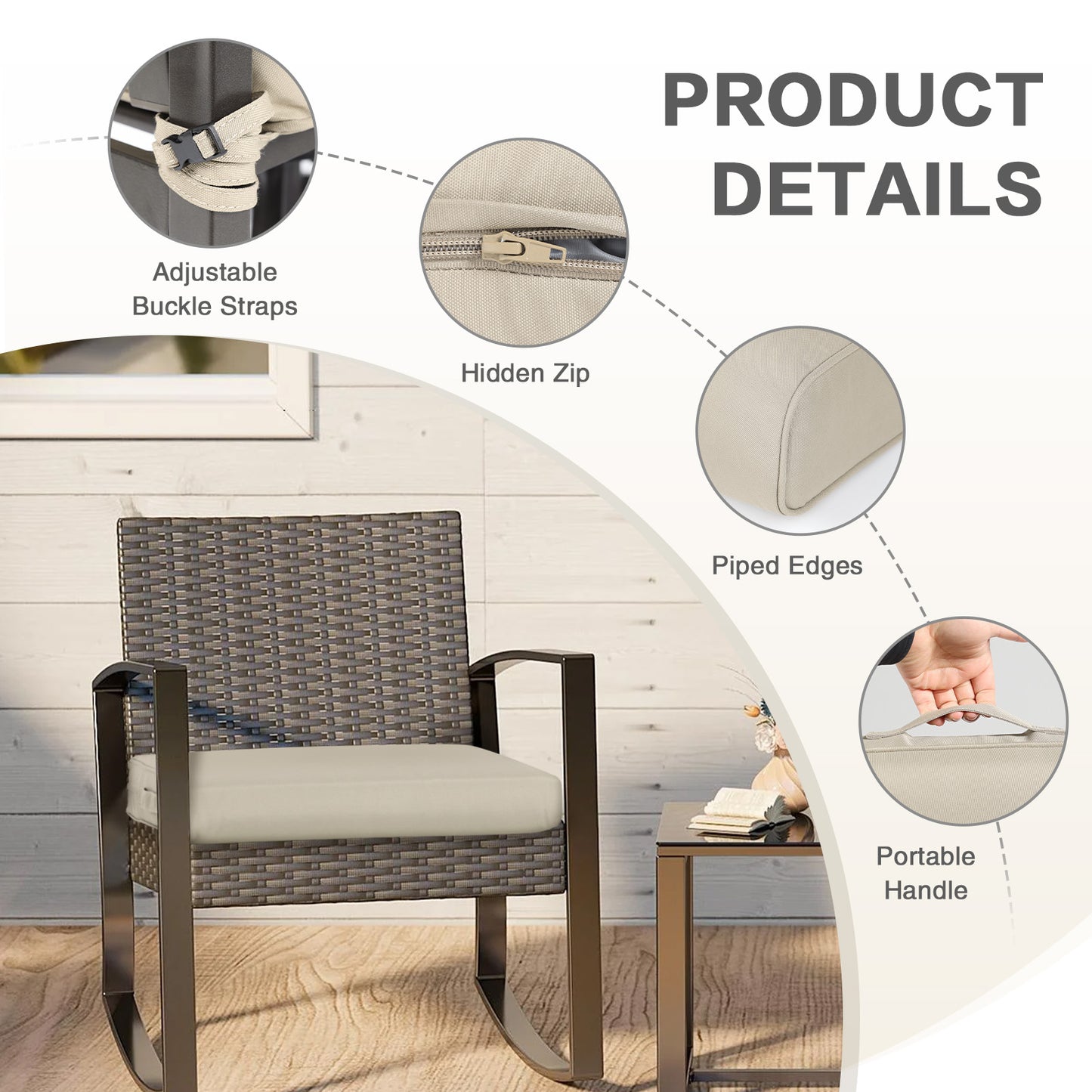 Outdoor Chair Cushion , Removable Cover with Hidden Zipper, Adaptable Secure Ties - Khaki Aoodor