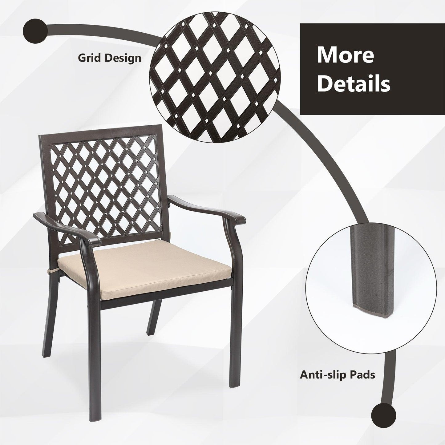 2-Piece Set Outdoor Patio Metal Dining Chairs with Seat Cushions