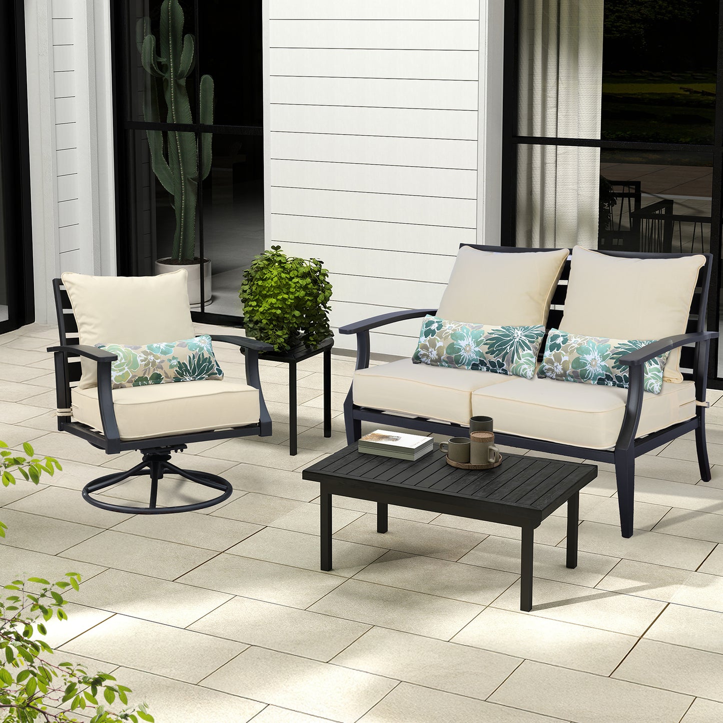 Patio Deep Chair Cushion, 2 Back 2 Seater 2 Pillow, Cream Yellow