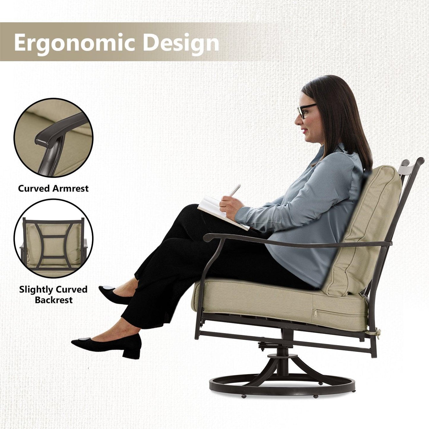 Outdoor Swivel Chair Set - Two Chairs, One Glass Table, and Two Thick Cushions