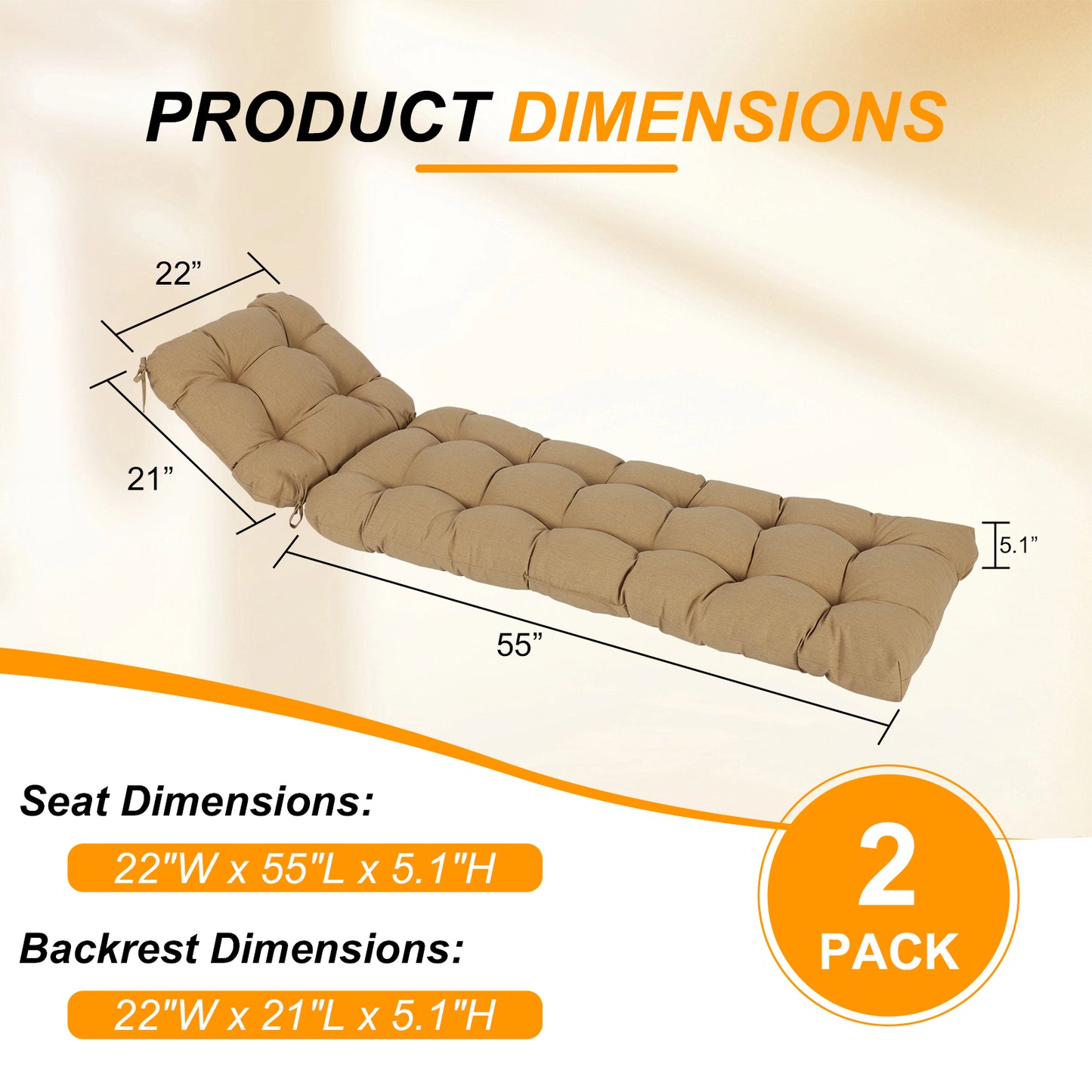 76"x22"x5.1" Polyester Tufted Chaise Lounge Cushion for Outdoor Wicker Chaise Lounge Use, 2 Packs - Brown Aoodor