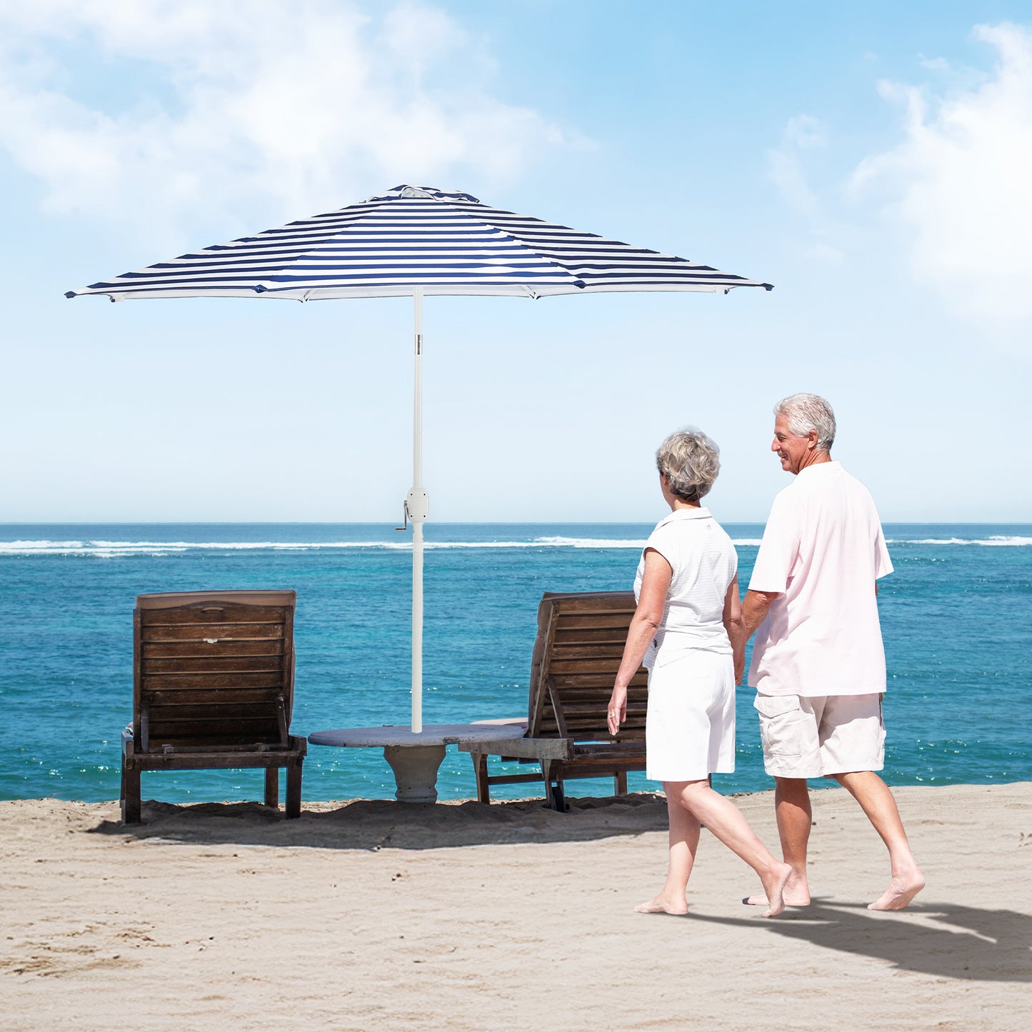 9 ft. Outdoor Patio Market Umbrella Aluminum Frame with Push Button Tilt Crank and 8 Steel Ribs-Dark Blue and White