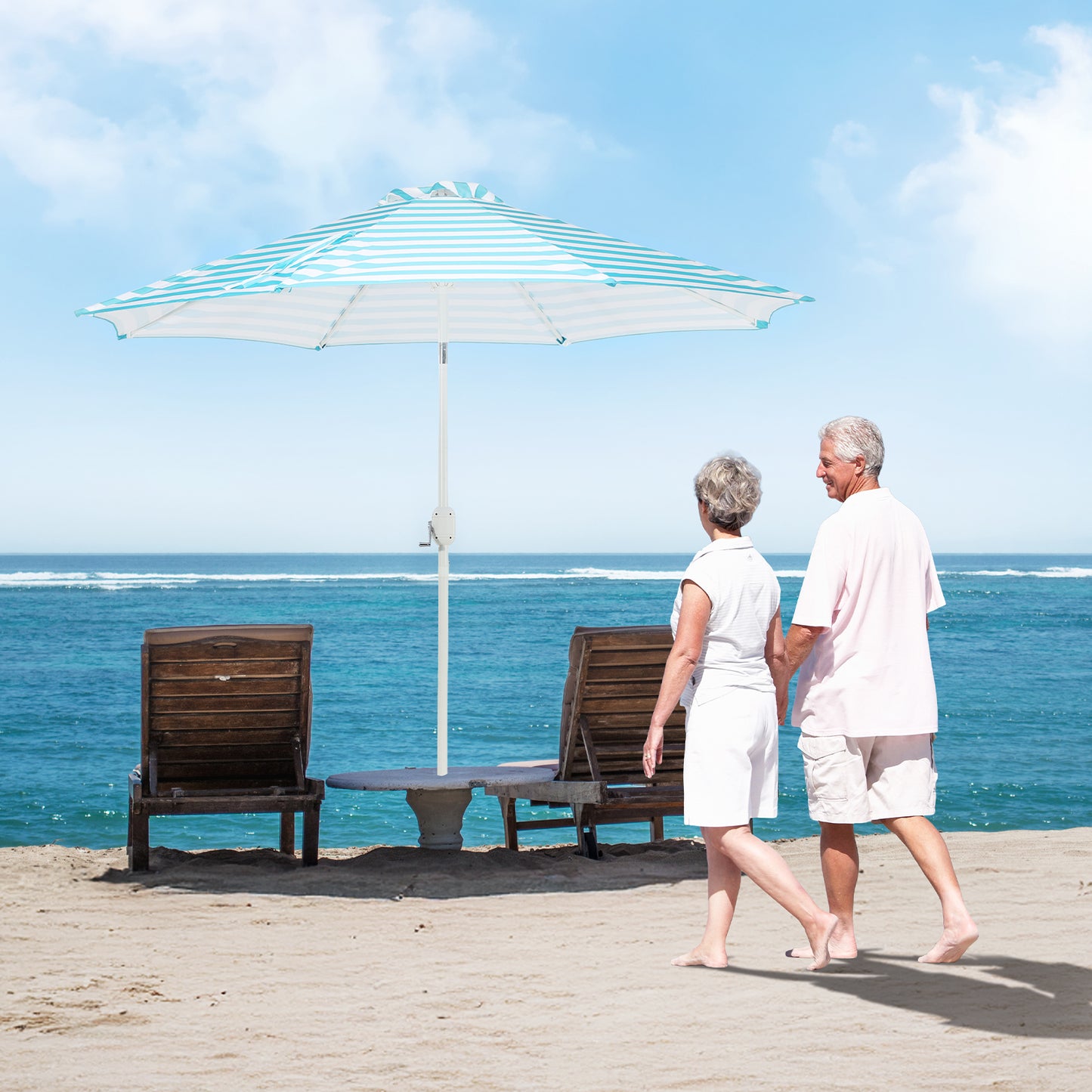 9 ft. Outdoor Patio Market Umbrella Aluminum Frame with Push Button Tilt Crank and 8 Steel Ribs-Light Blue and White