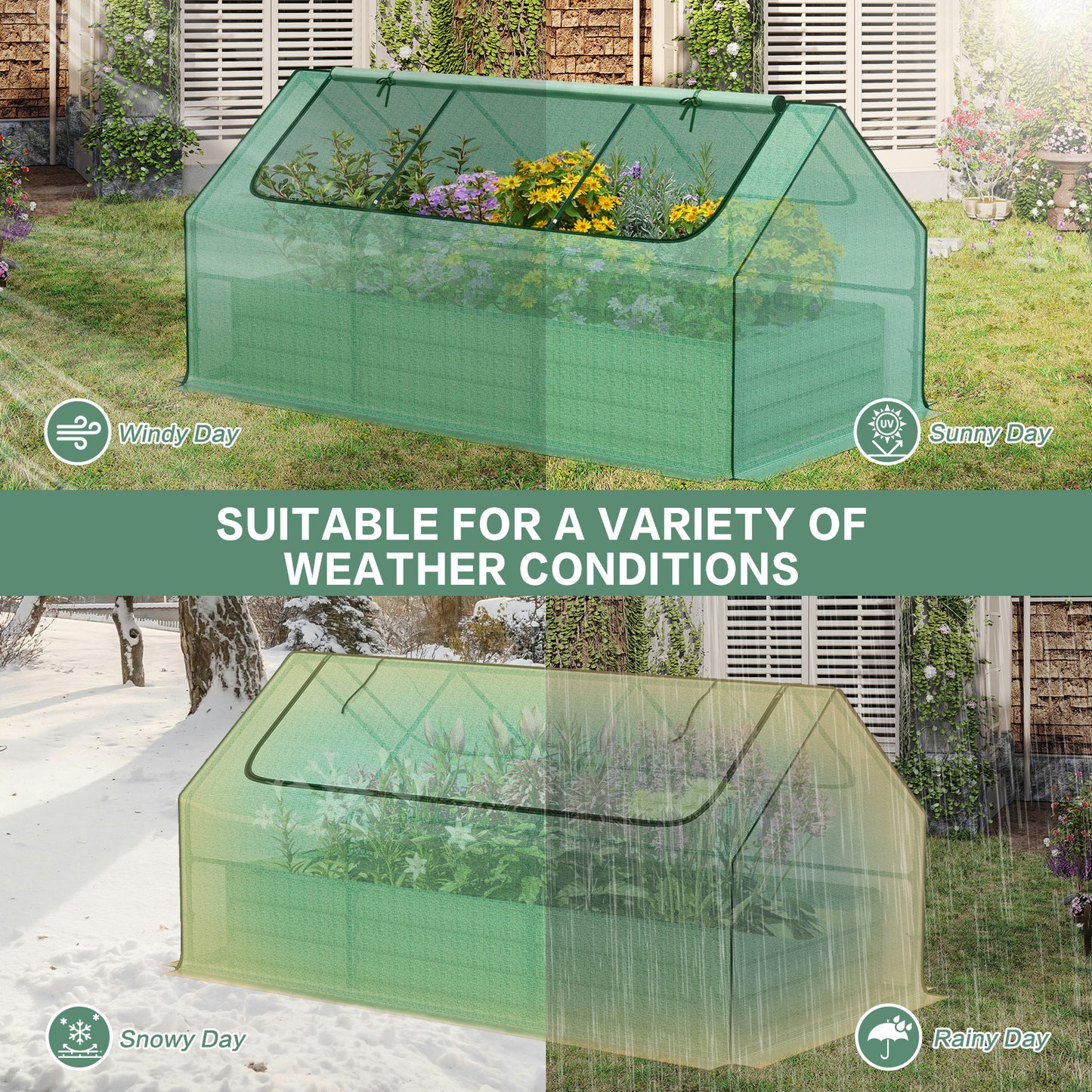 Mini Greenhouse Kit With Raised Garden Metal Beds, 2 Roll-up Zipper Doors