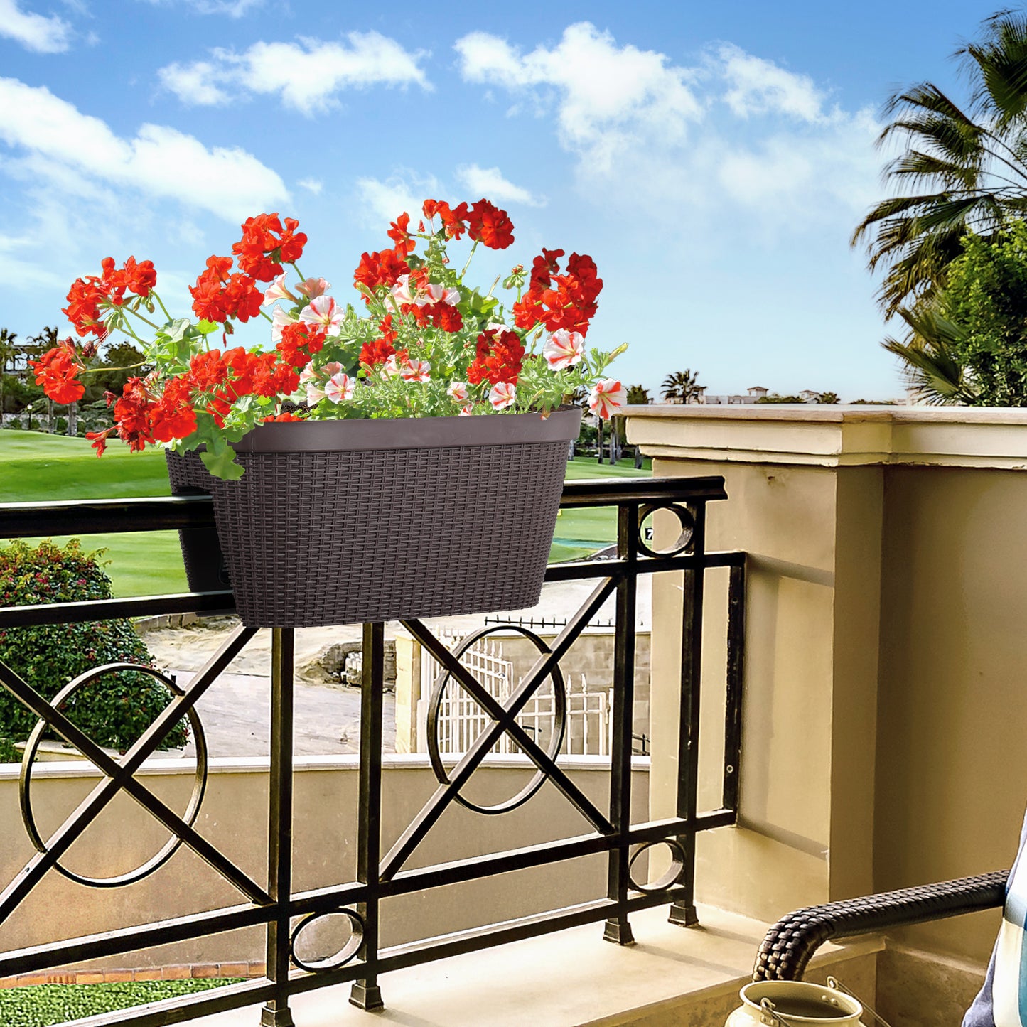 Aoodor Balcony Rattan Pattern Railing Planter Box with Drainage Holes and Adjustable Brackets