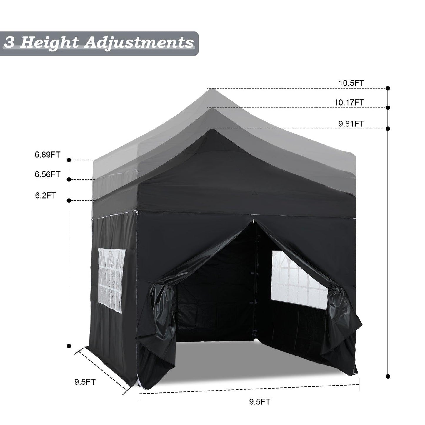 10 x 10 FT. Pop Up Canopy Tent with Windows Sidewalls, 3 Adjustable Heights, with Wheeled Bag Aoodor