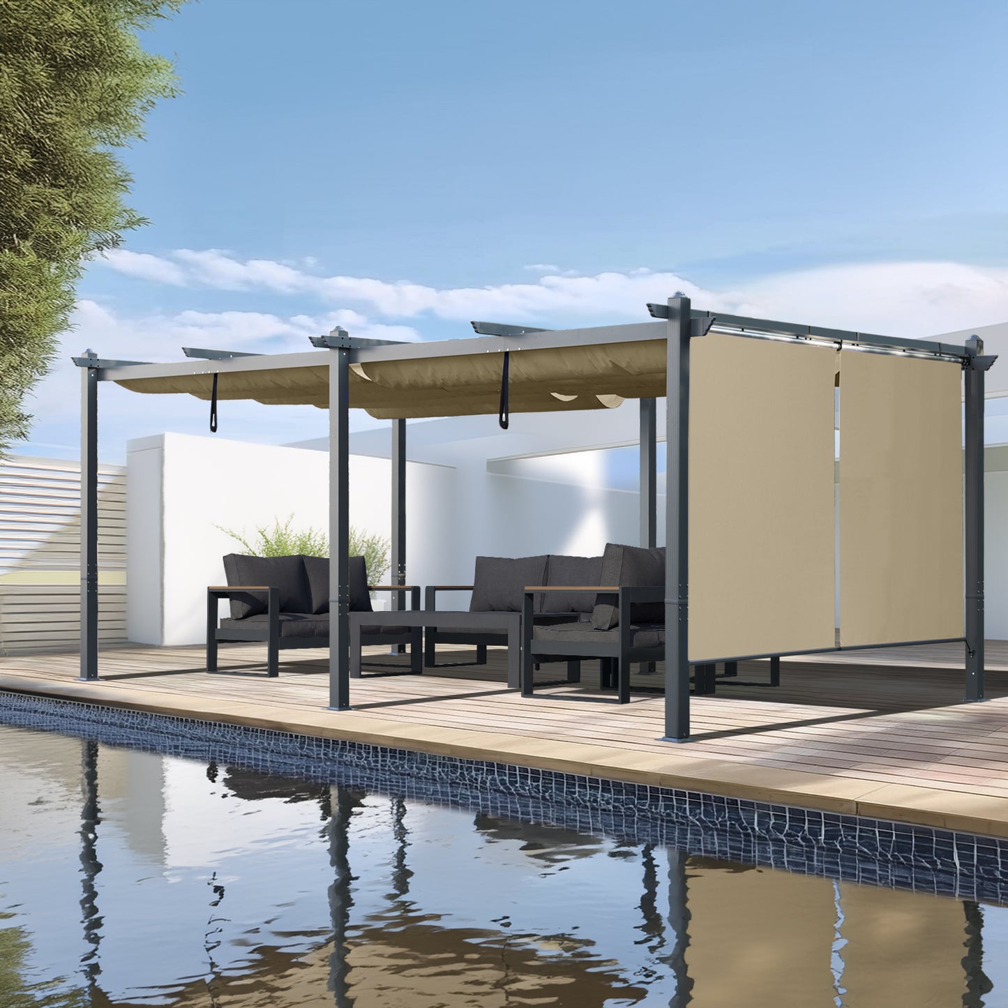 12x20 ft. Outdoor Pergola with Retractable Shade Canopy, Aluminum Frame, Roller Shade Curtain