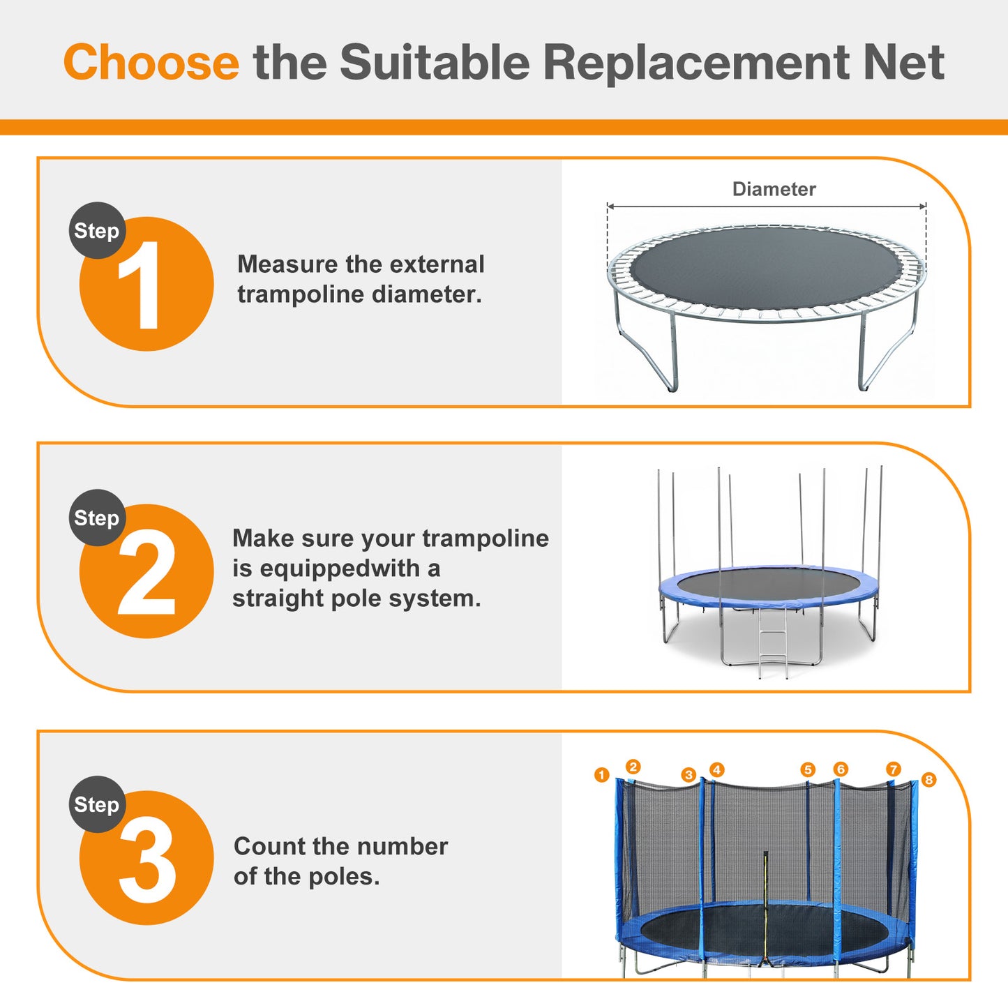 Trampoline Replacement Net for Round Frame Trampolines, Safety Enclosure Net