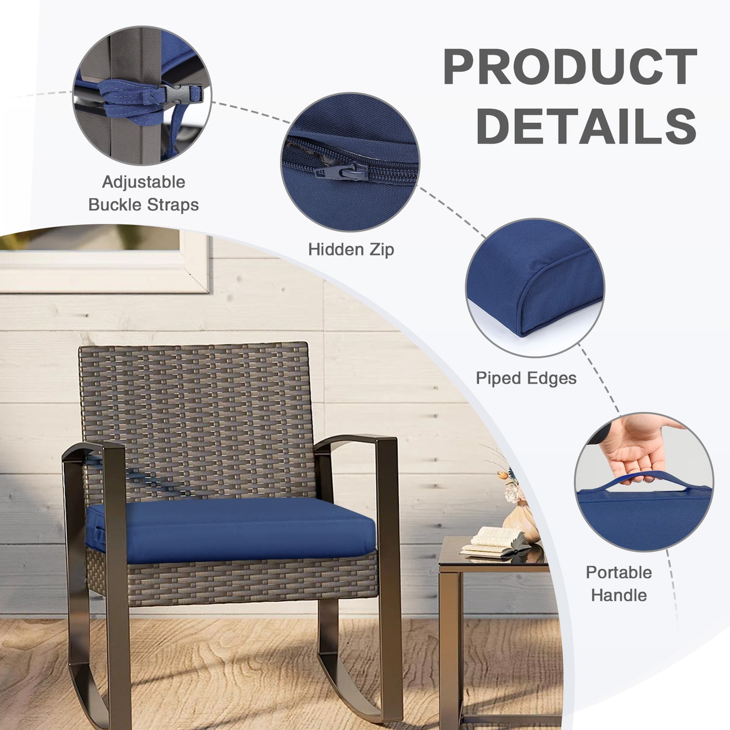 Outdoor Chair Cushion , Removable Cover with Hidden Zipper, Adaptable Secure Ties - Navy Blue Aoodor