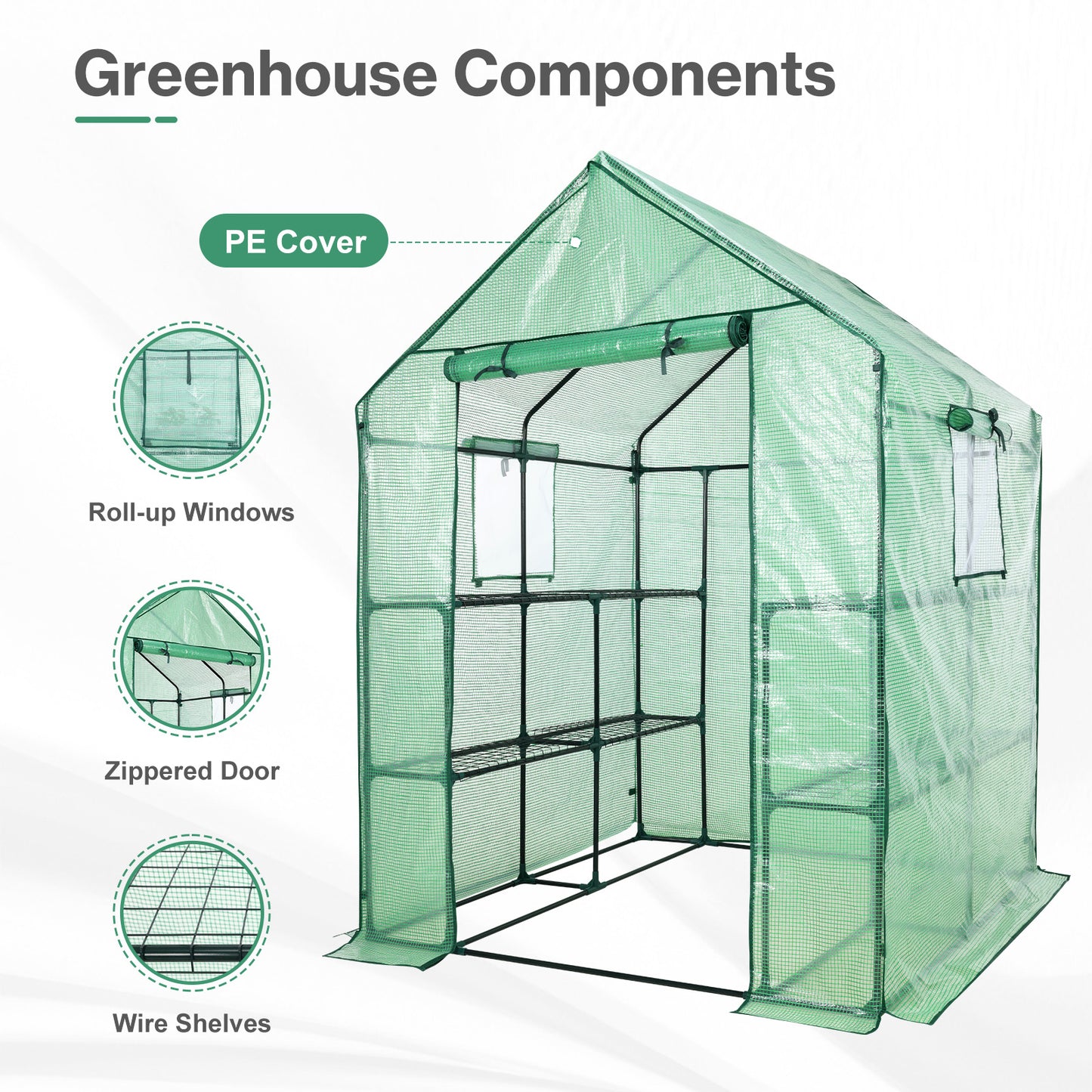 Walk-in Greenhouse with 8 Shelves, Outdoor Garden Plant House with PE Cover - Aoodor