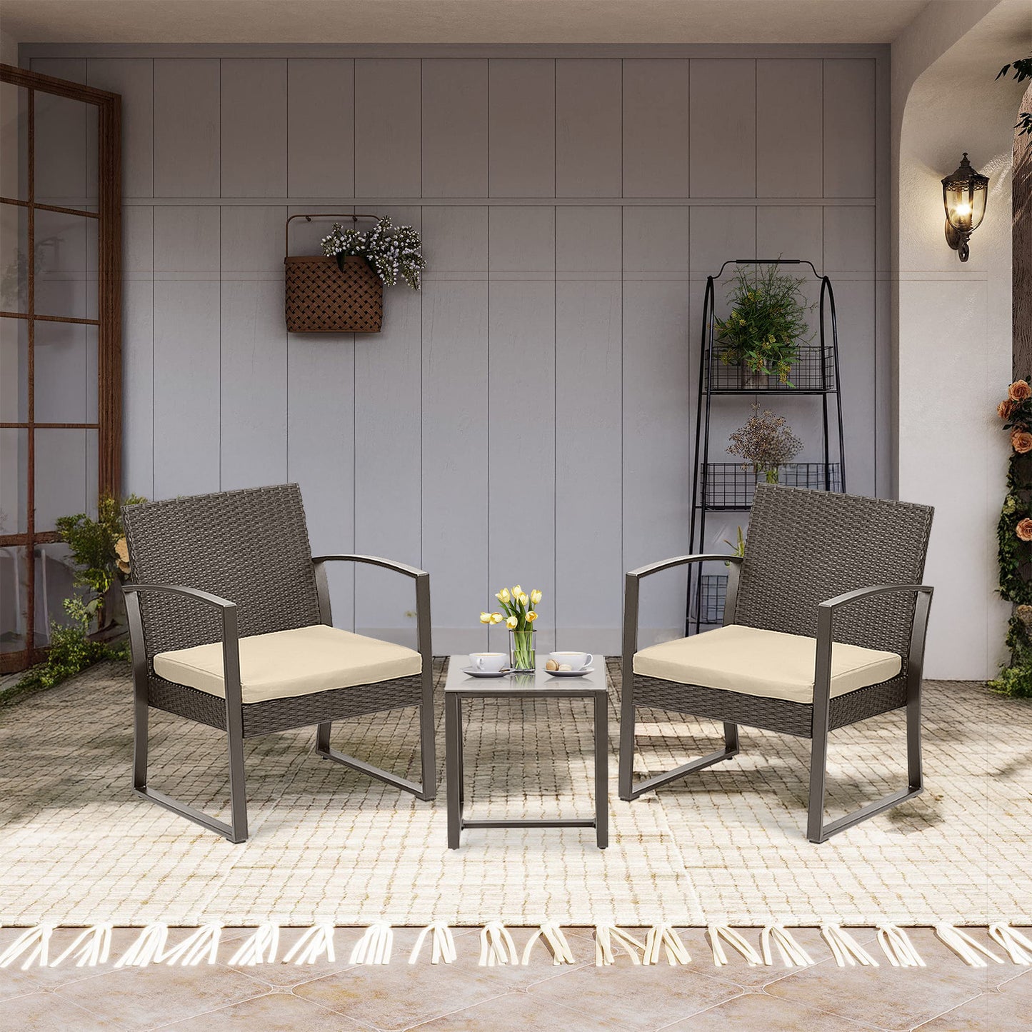 3-Piece Patio Furniture Set - Outdoor Rattan Wicker Chairs with Table, Sofa Set Including Cushions