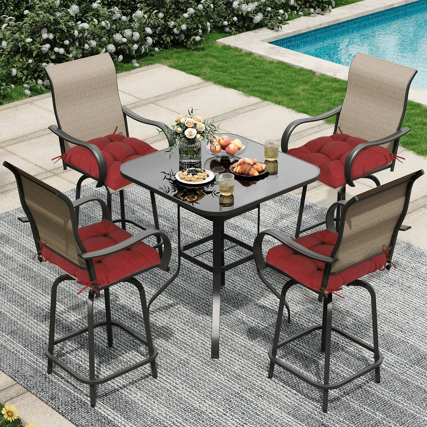 19x19x5 Inch Tufted Outdoor Chair Cushions, Water and Fade Resistant Polyester Dining Chair Pads with Ties - Red Aoodor