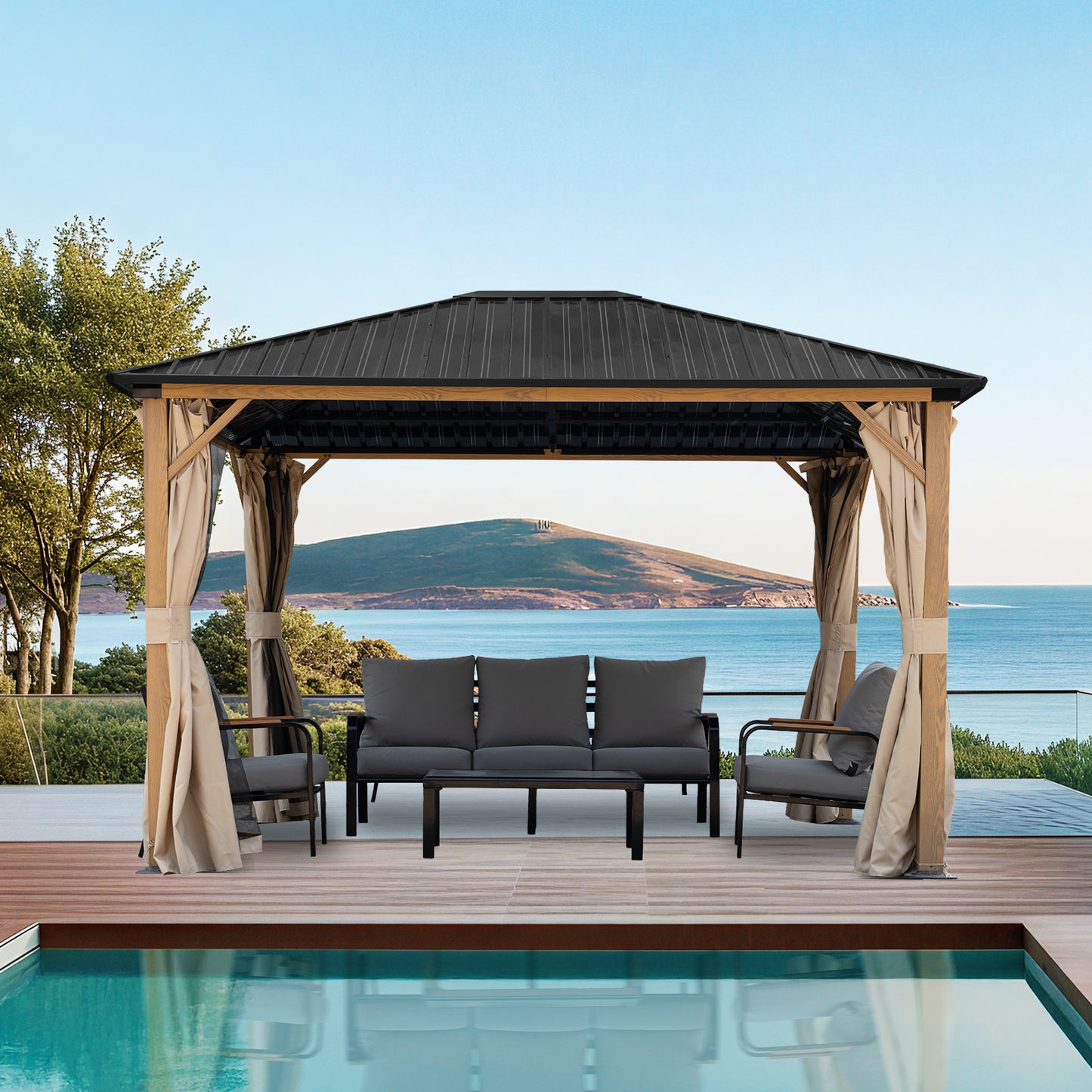 10'x12' Outdoor Hardtop Gazebo with Curtains and Mosquito Nettings, Wooden Finish Coated Aluminum Frame