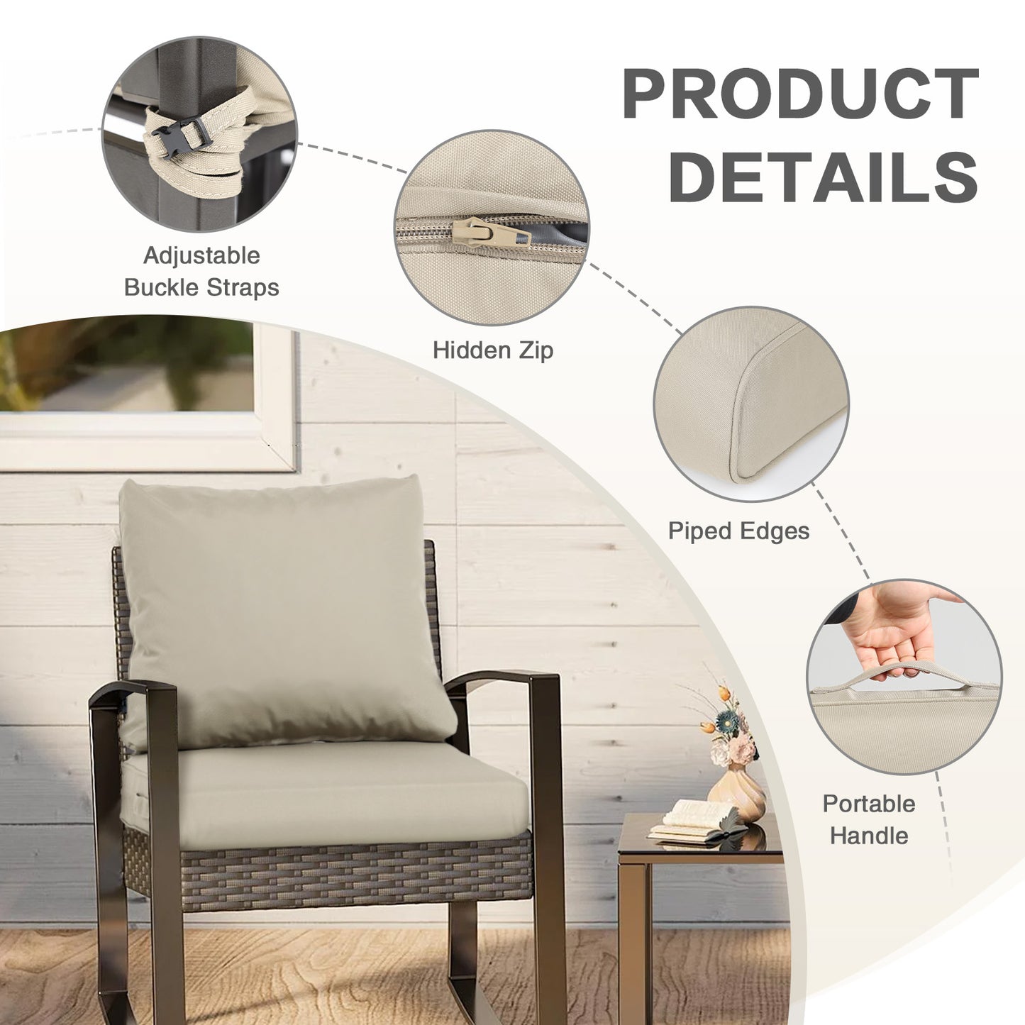 Outdoor Chair Cushions, Patio Deep Seat Cushions with Handle & Adjustable Straps - Khaki Aoodor