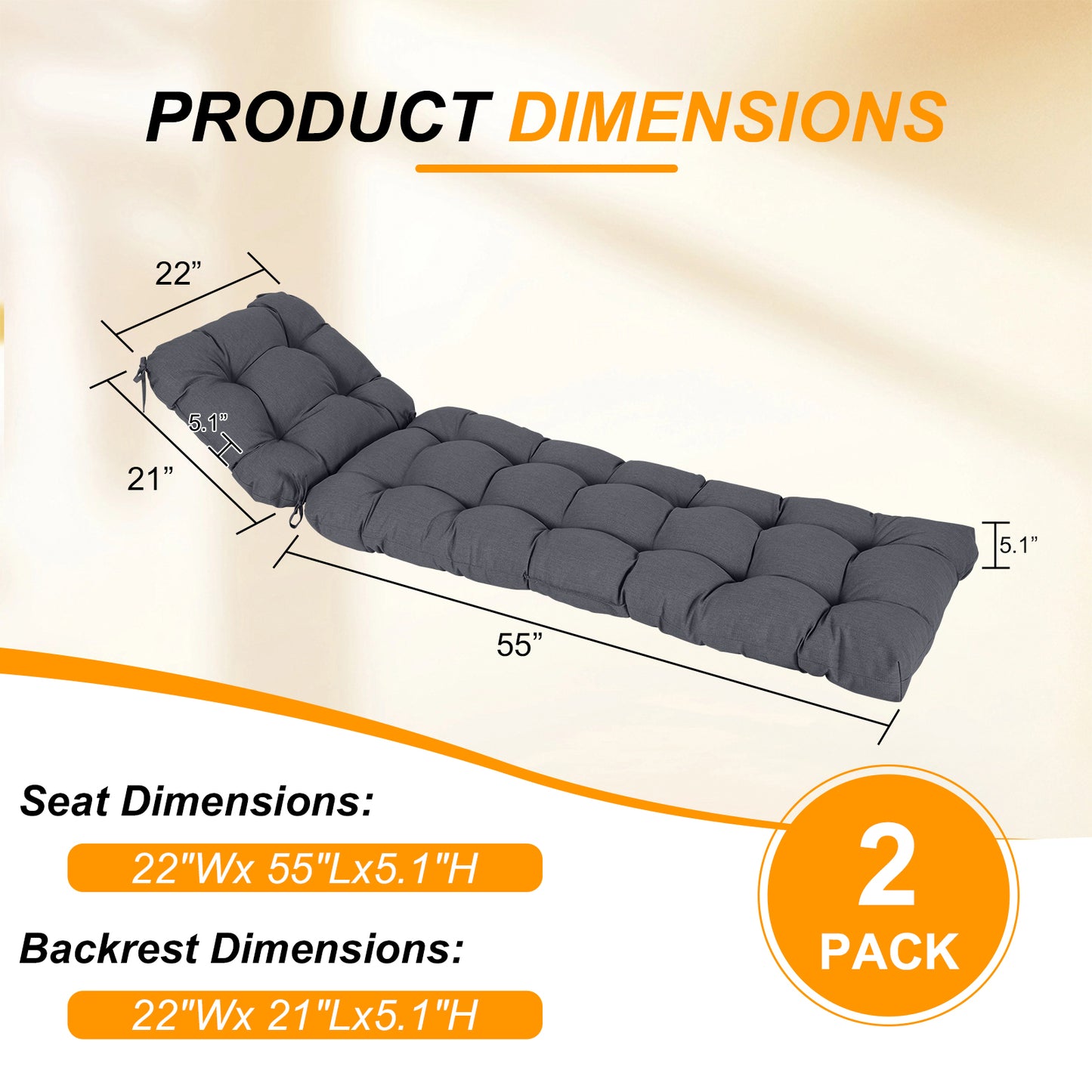 76"x22"x5.1" Polyester Tufted Chaise Lounge Cushion for Outdoor Wicker Chaise Lounge Use, 2 Packs - Dark Gray Aoodor