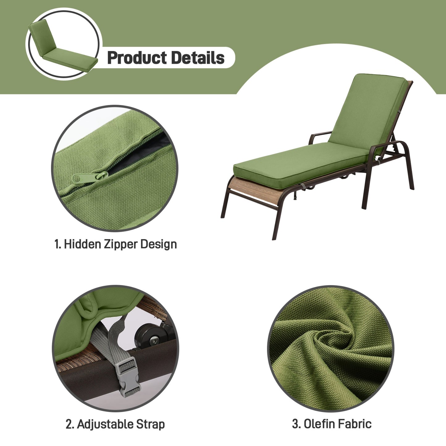 72x21x3 inch Patio Chaise Lounger Cushions Set of 2 - Green
