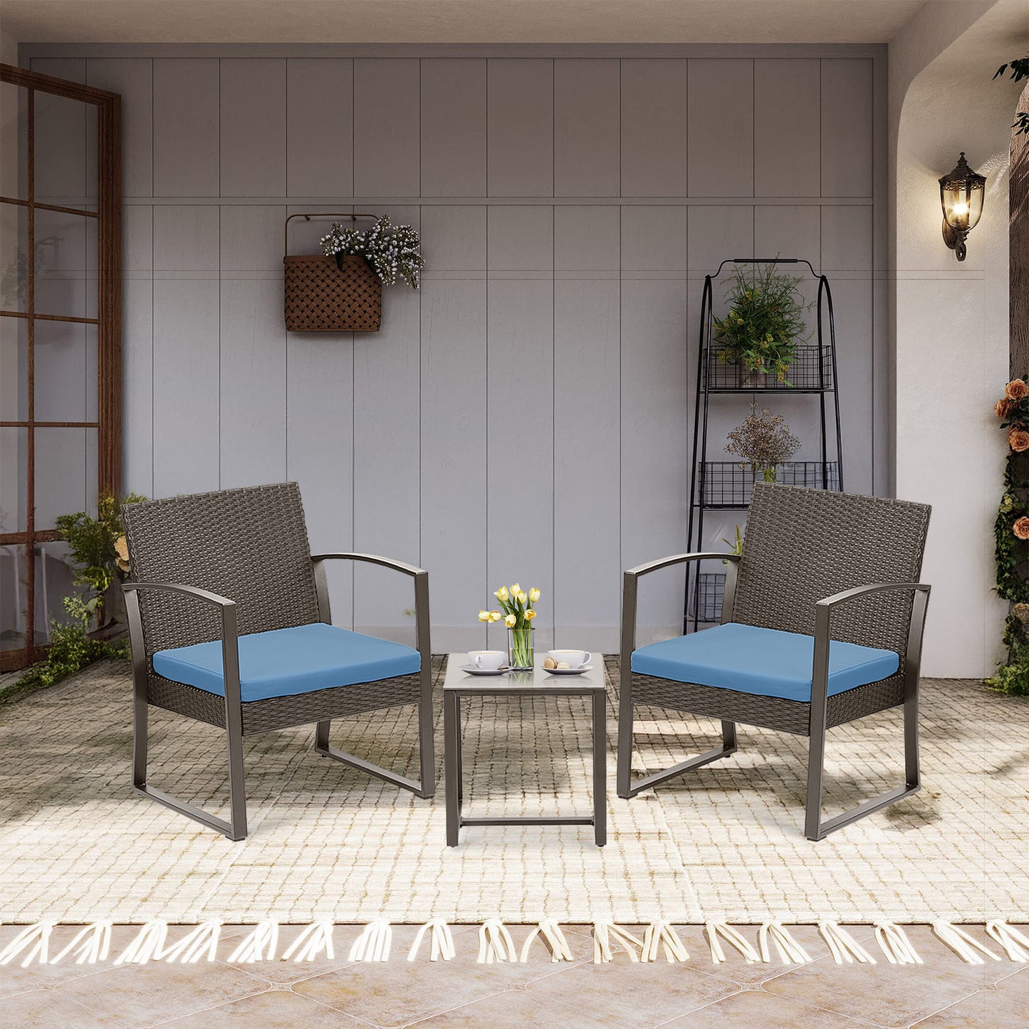 3-Piece Patio Furniture Set - Outdoor Rattan Wicker Chairs with Table, Sofa Set Including Cushions
