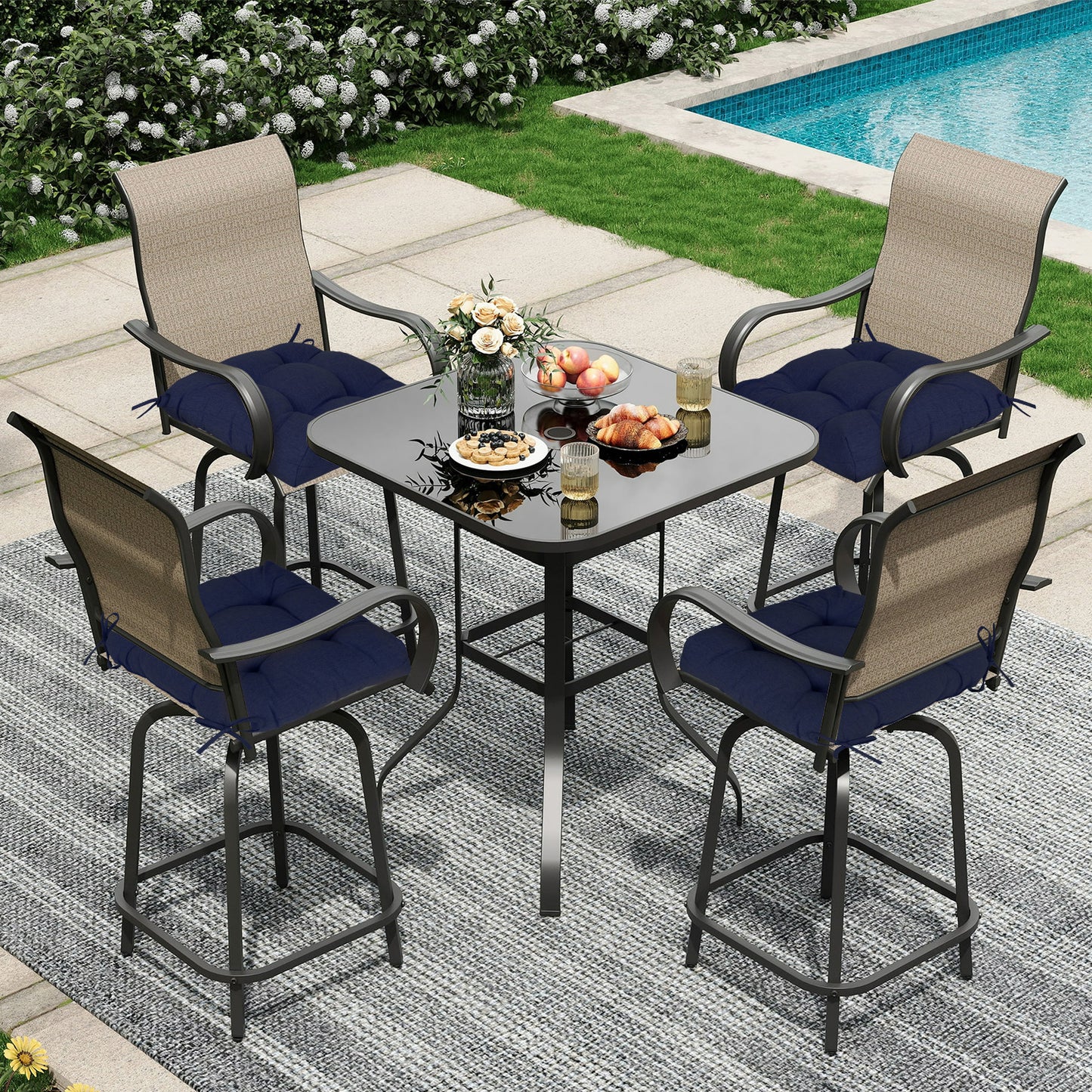 19x19x5 Inch Tufted Outdoor Chair Cushions, Water and Fade Resistant Polyester Dining Chair Pads with Ties - Dark Blue Aoodor