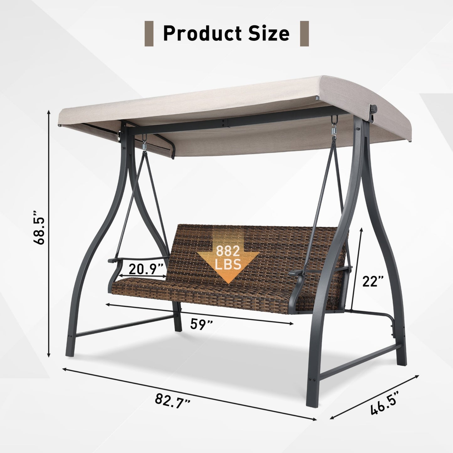 3-Seat Outdoor Rattan Patio Swing with Adjustable Canopy Aoodor