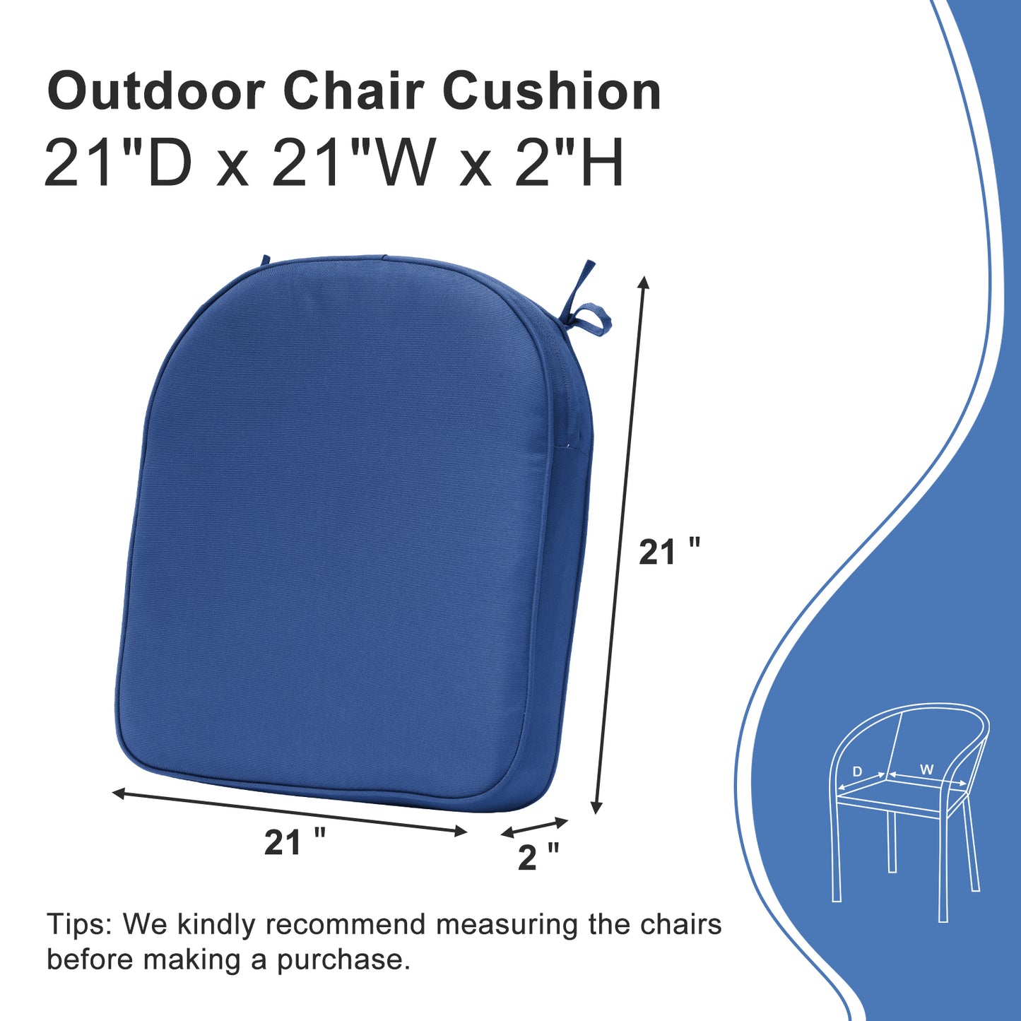Outdoor Chair Cushion, Patio Seat Pad, Removable Cover with Hidden Zipper, Ties - Navy Blue