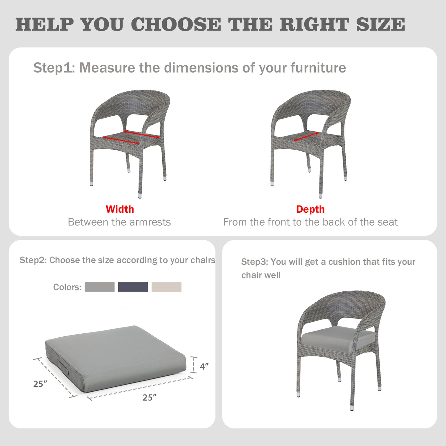 Outdoor Chair Cushion , Removable Cover with Hidden Zipper, Adaptable Secure Ties - Gray