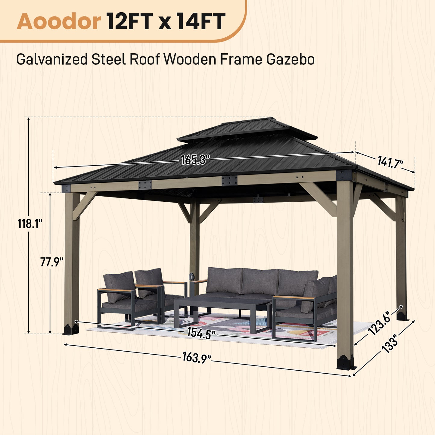 12'x14' Upgrade Cedar Wooden Frame Gazebo with 2-Tier Galvanized Steel Roof and Outlets