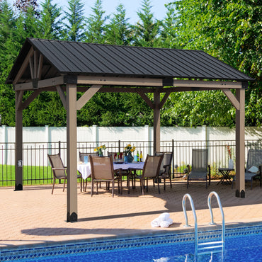 10'x12' Outdoor Patio Wooden Frame Gazebo with Galvanized Metal Hardtop Roof and Outlets