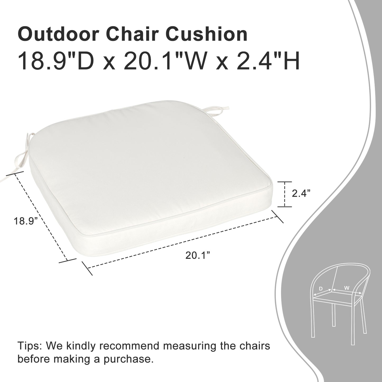 Outdoor Dining Chair Cushions Set, Patio Chair Pads with Ties, Ivory White