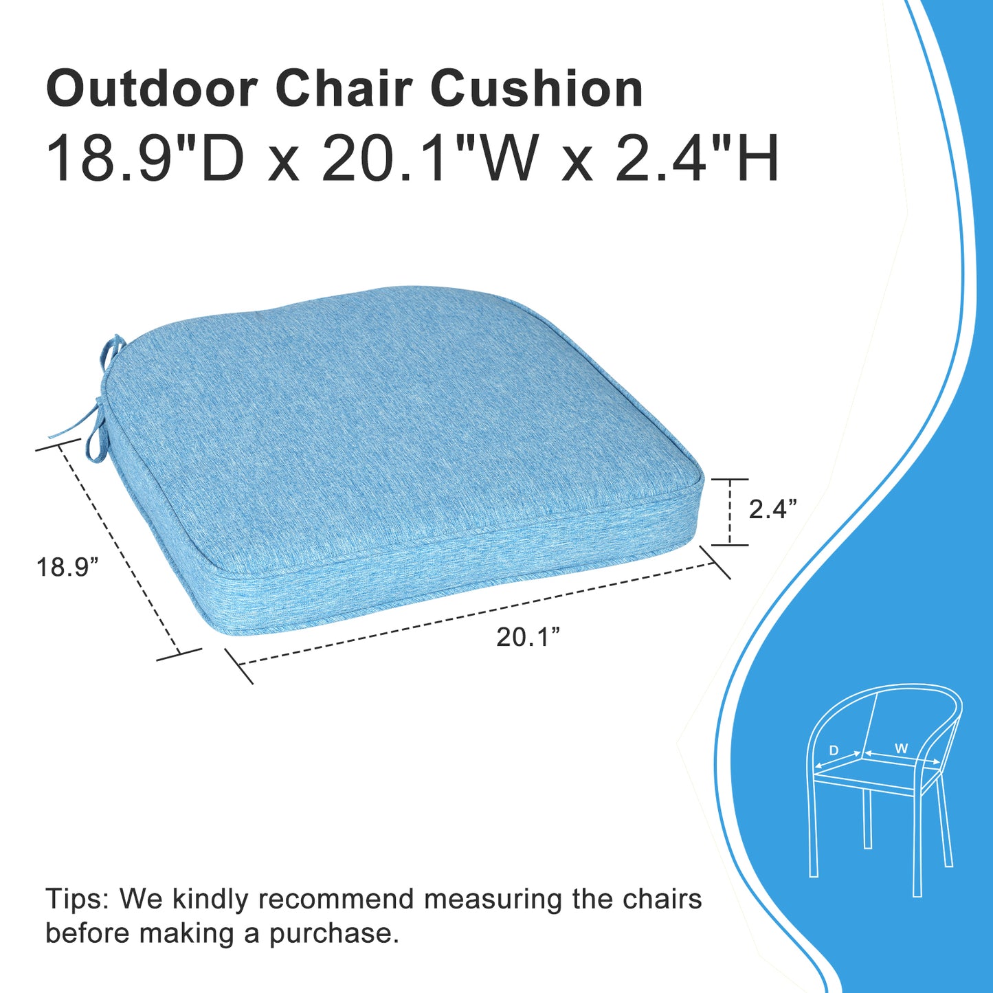 Outdoor Dining Chair Cushions Set, Patio Chair Pads with Ties, Lake Blue