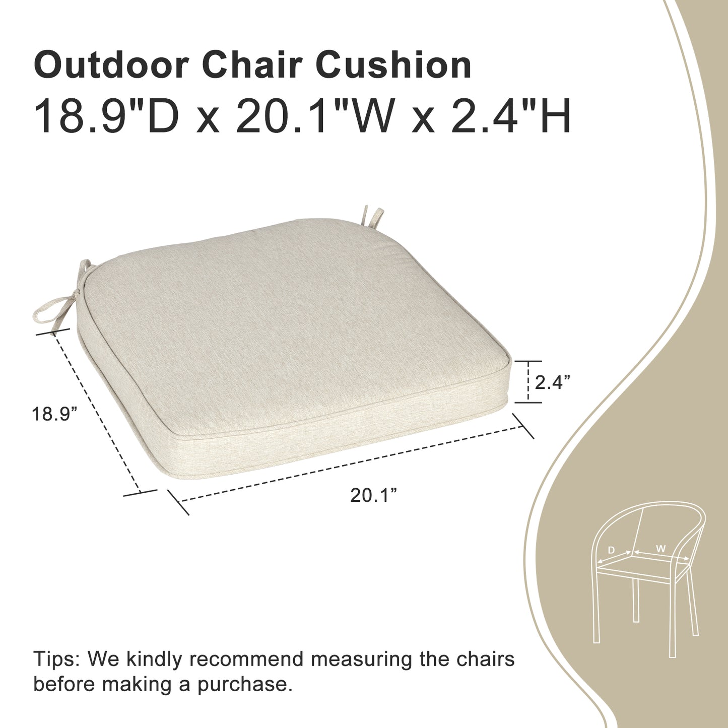 Outdoor Dining Chair Cushions Set, Patio Chair Pads with Ties, Khaki