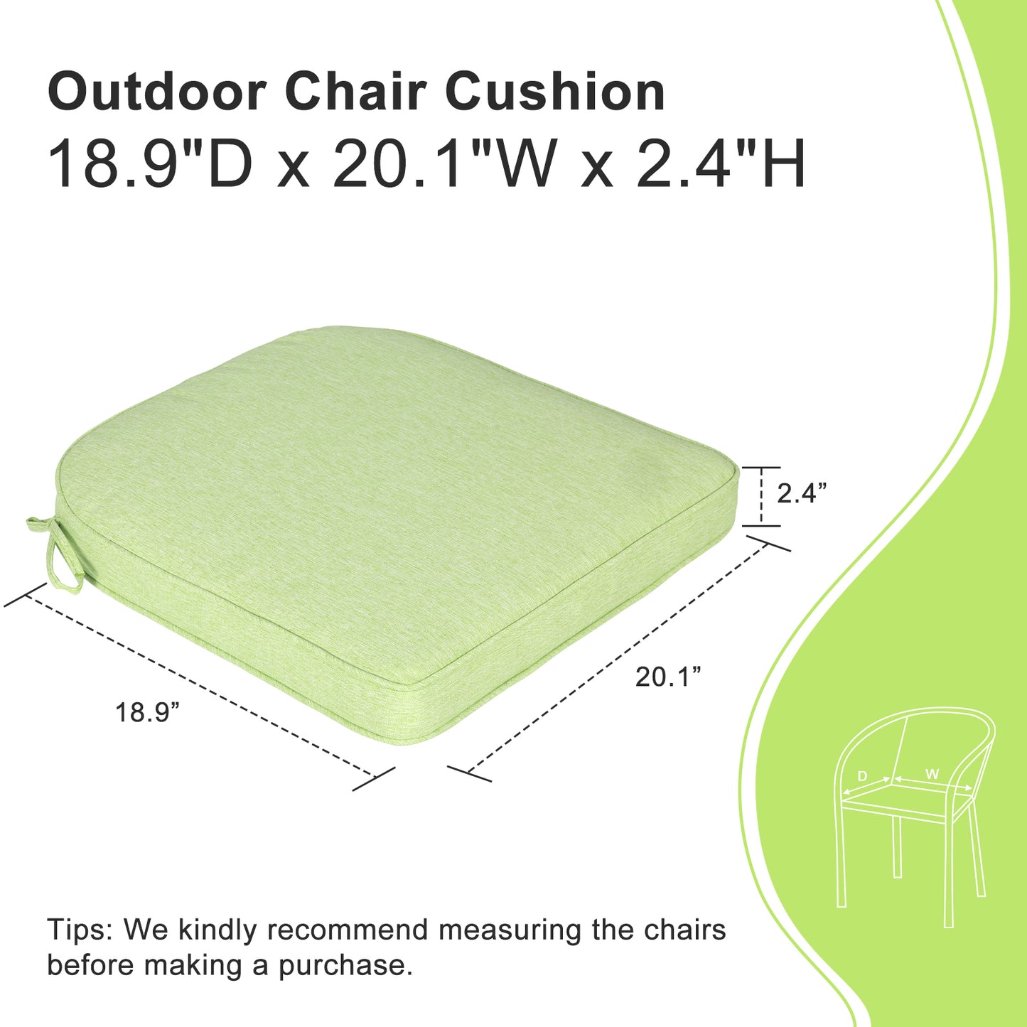Outdoor Dining Chair Cushions Set, Patio Chair Pads with Ties, Green
