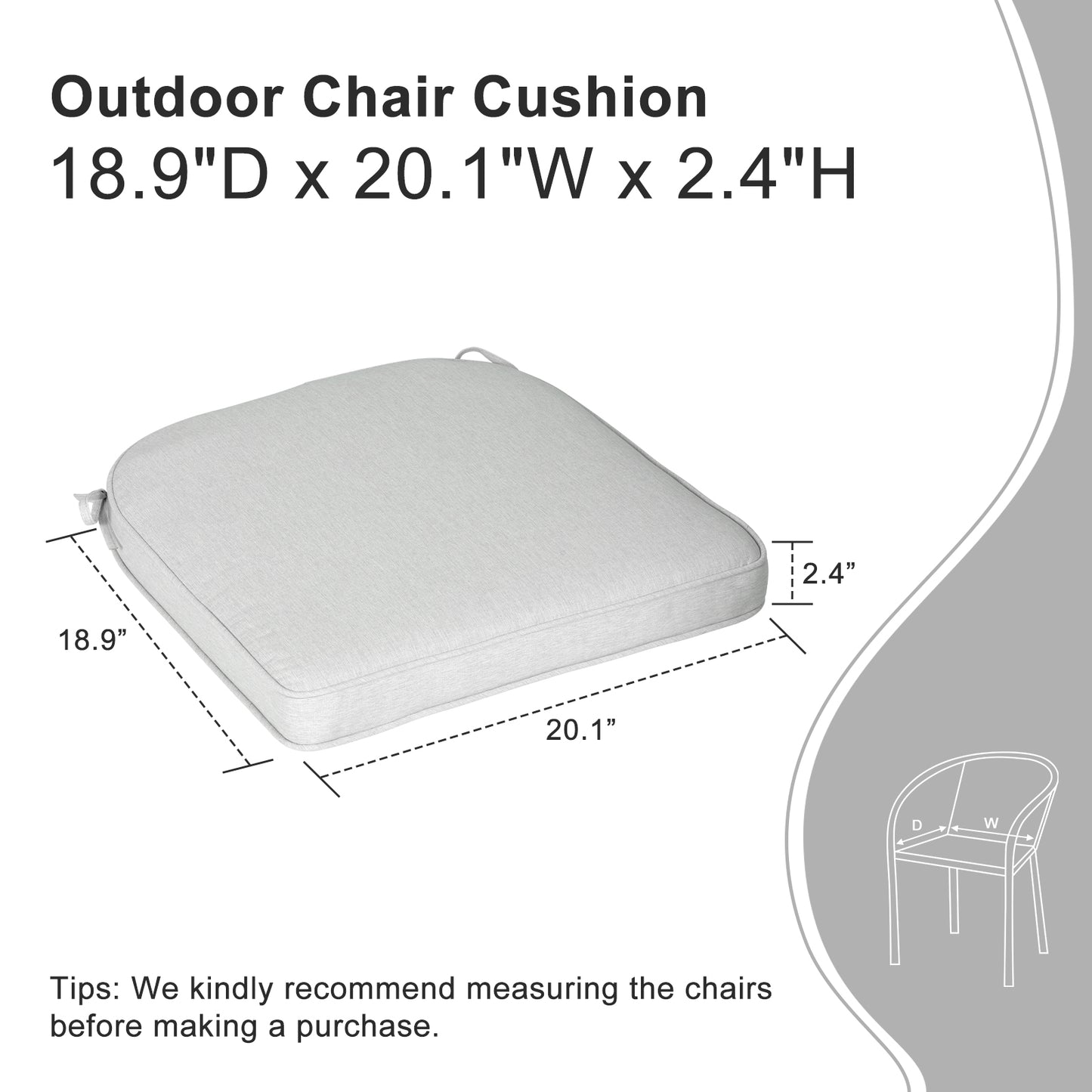 Outdoor Dining Chair Cushions Set, Patio Chair Pads with Ties, Light Gray
