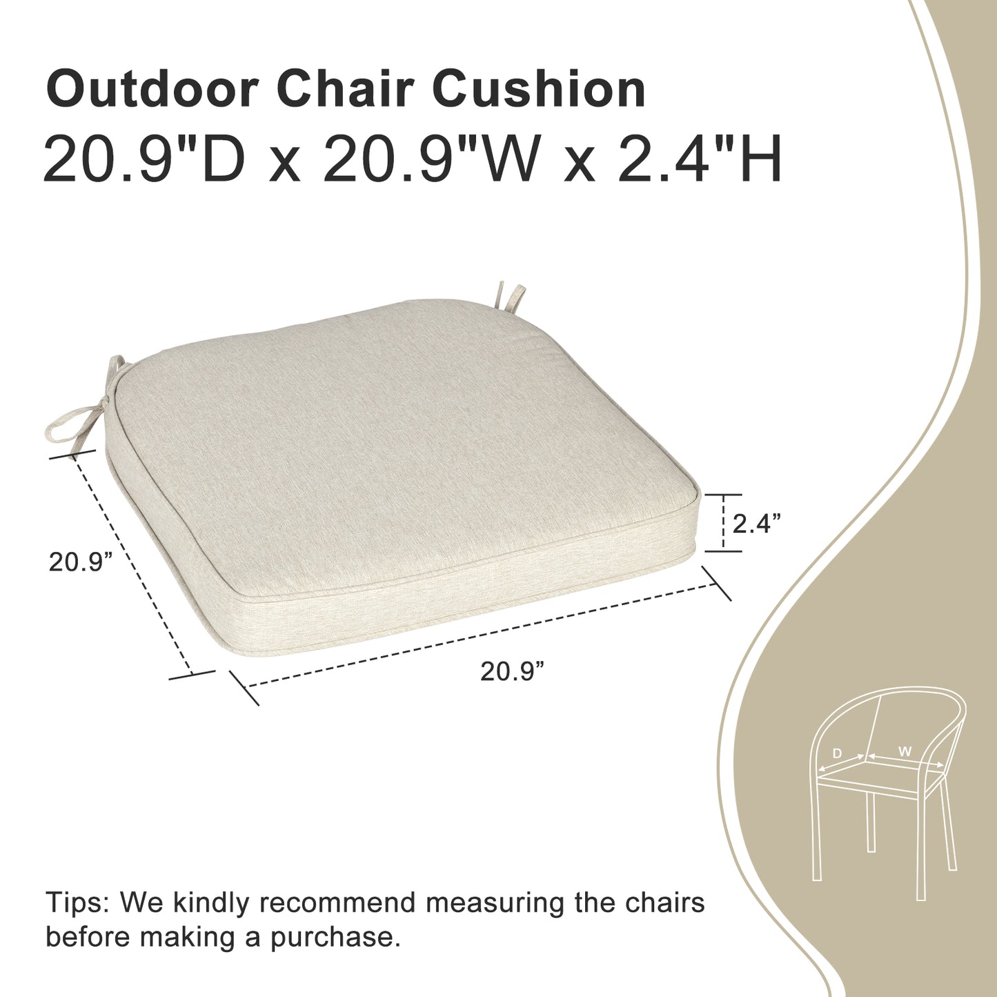 Outdoor Dining Chair Cushions Set, Patio Chair Pads with Ties, Khaki