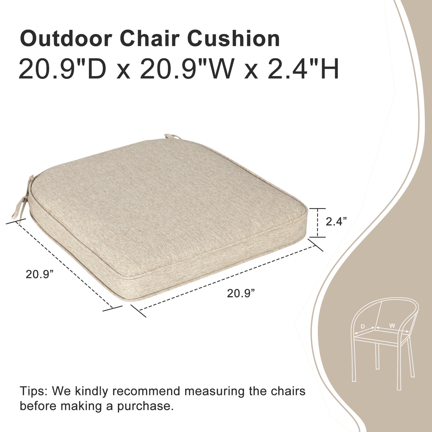 Outdoor Dining Chair Cushions Set, Patio Chair Pads with Ties, Brown