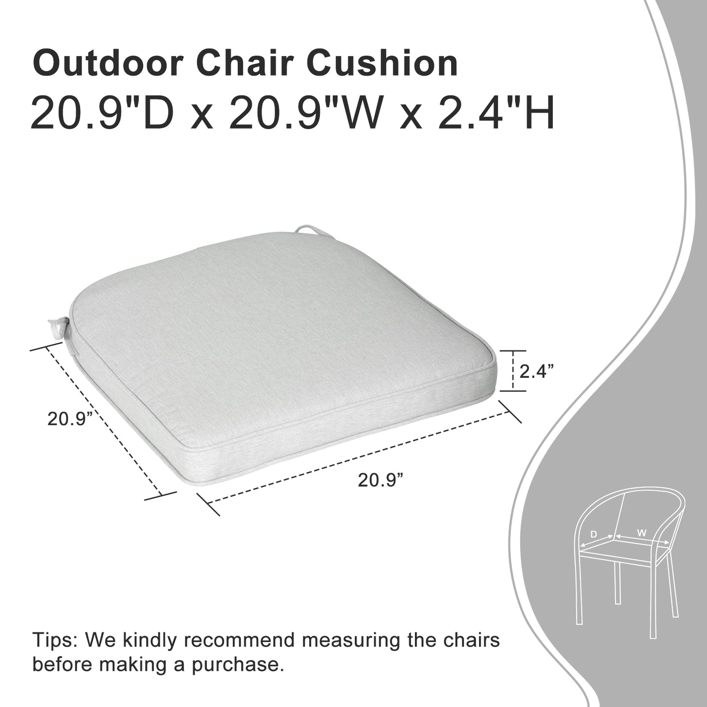 Outdoor Dining Chair Cushions Set, Patio Chair Pads with Ties, Light Gray