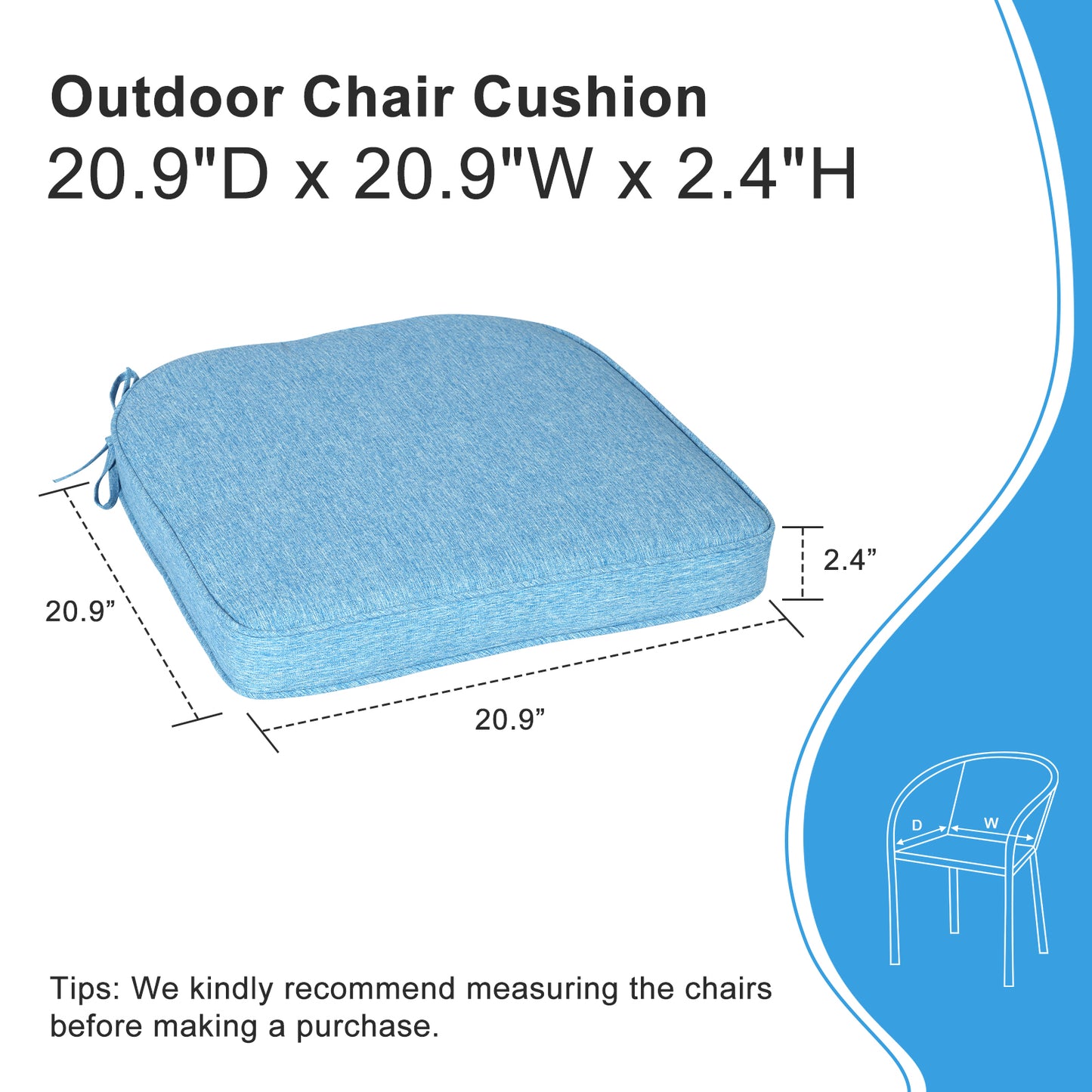 Outdoor Dining Chair Cushions Set, Patio Chair Pads with Ties, Lake Blue
