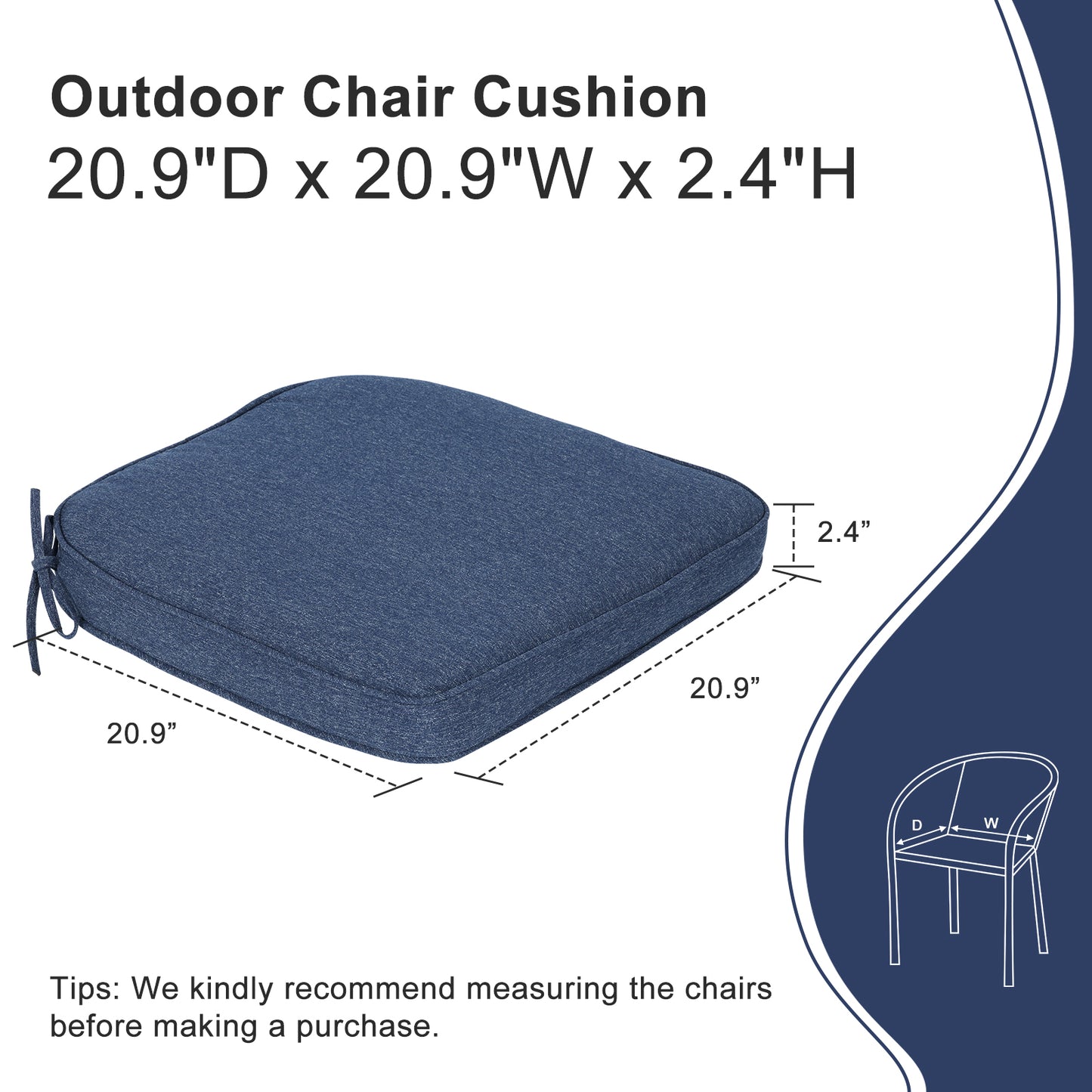 Outdoor Dining Chair Cushions Set, Patio Chair Pads with Ties, Navy Blue