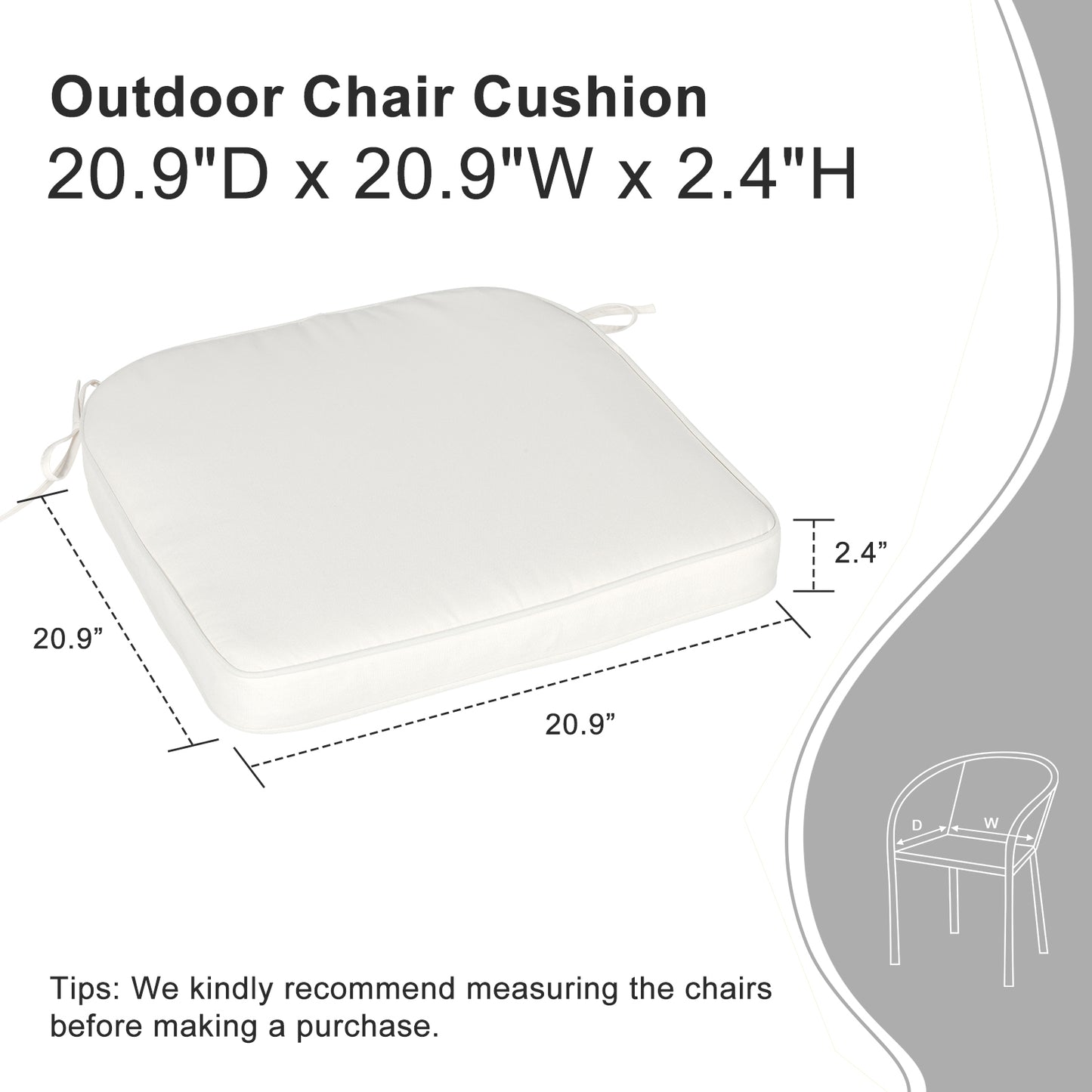 Outdoor Dining Chair Cushions Set, Patio Chair Pads with Ties, Ivory White