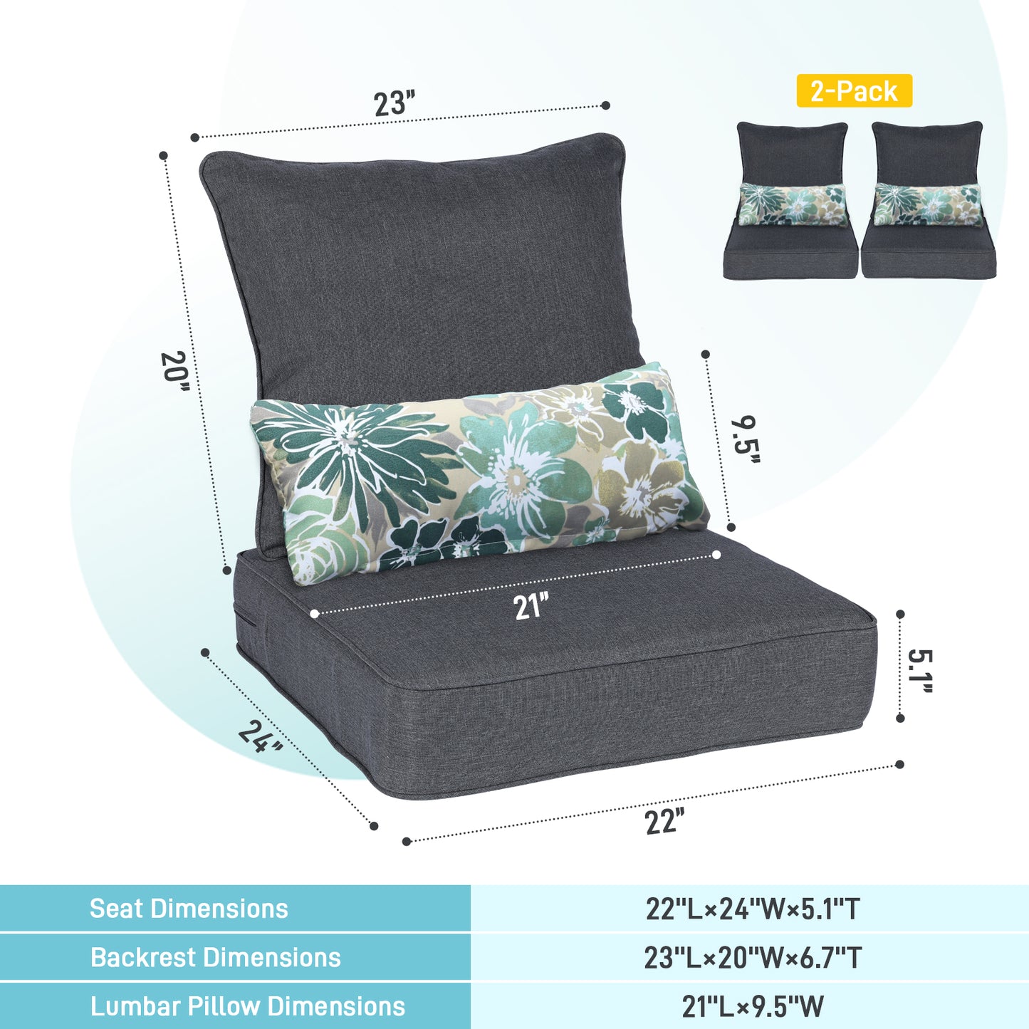 Patio Deep Chair Cushion, 2 Back 2 Seater 2 Pillow, Charcoal