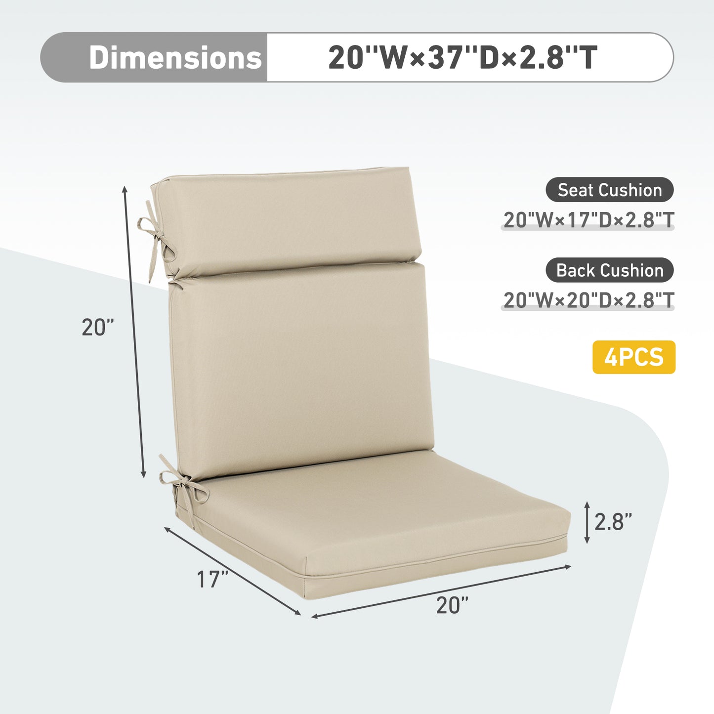 Outdoor Polyester High Back Dining Chair Cushion Set - Khaki Aoodor