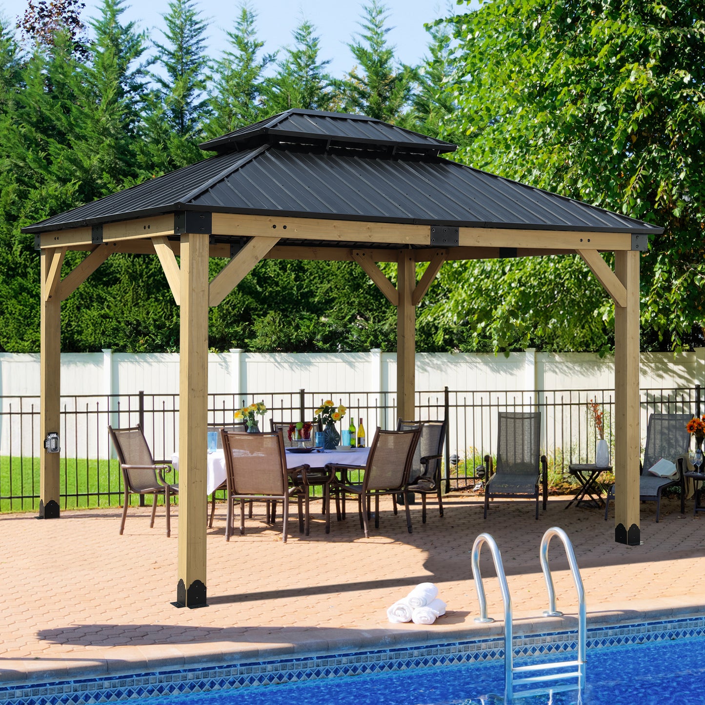 10'x12' Outdoor Patio Wooden Frame Gazebo with 2-Tier Galvanized Metal Hardtop Roof and Charging Socket