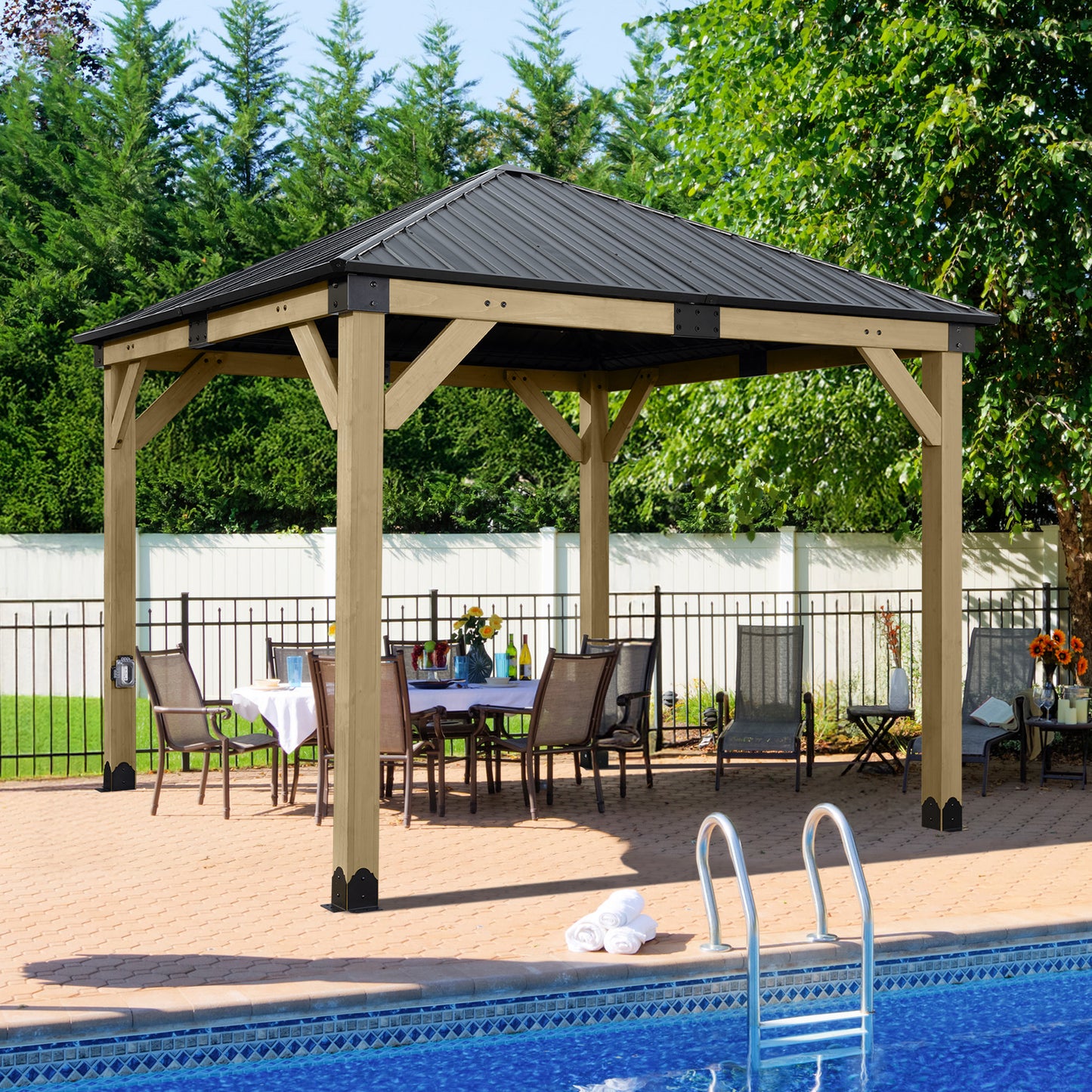 10'x10' Outdoor Patio Wooden Frame Gazebo with Galvanized Metal Hardtop Roof and Charging Socket